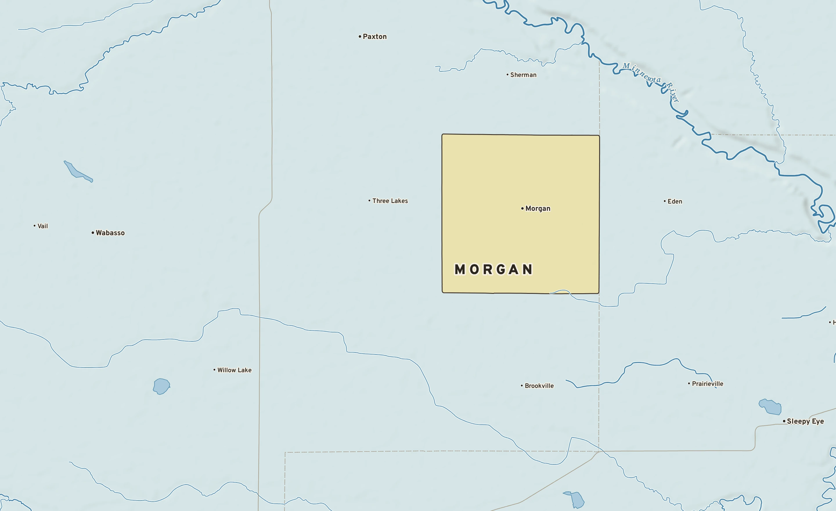 Shaded-relief atlas plate of Morgan, Minnesota: rivers, roads, the city limits and where the water drains.