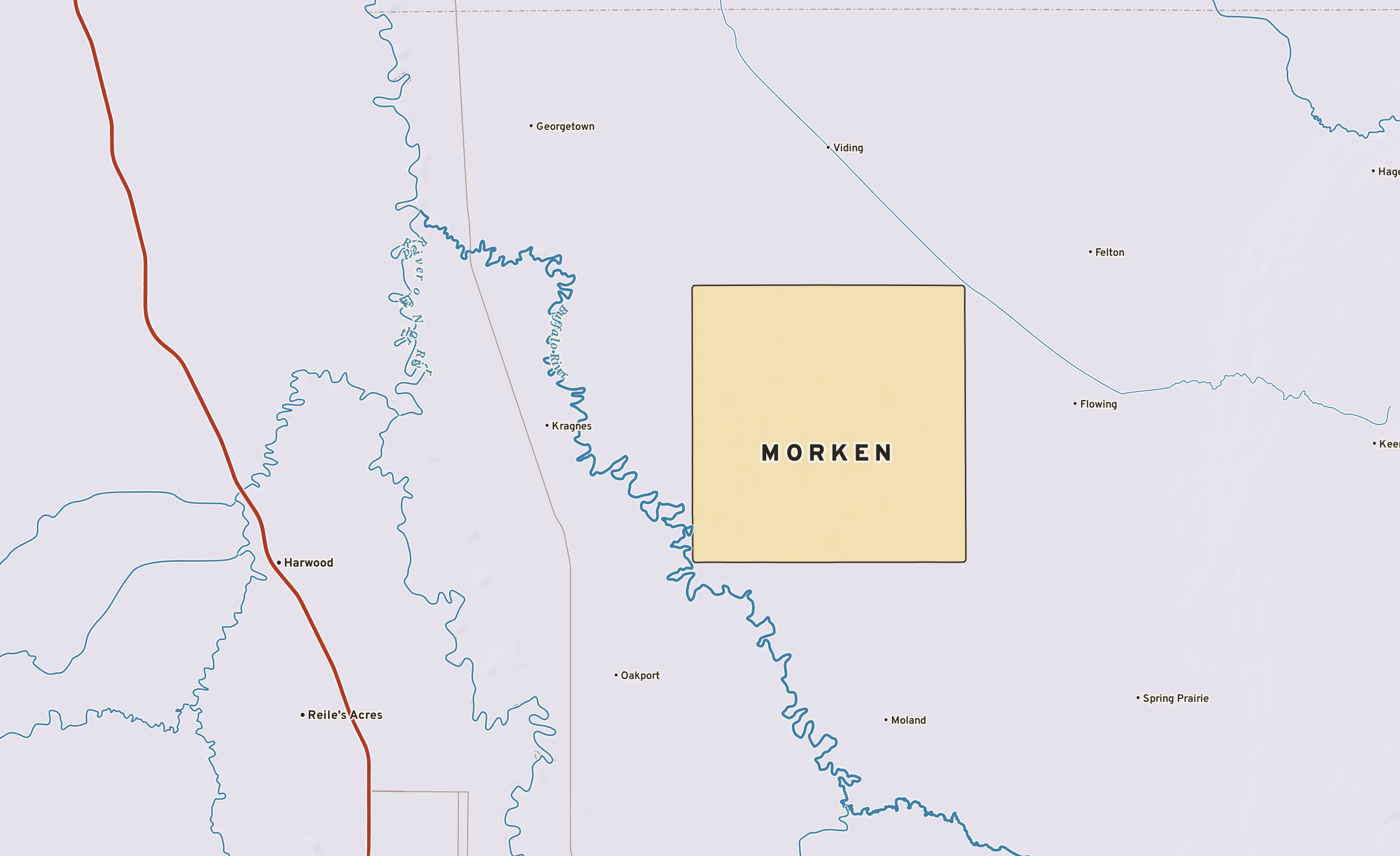 Shaded-relief atlas plate of Morken, Minnesota: rivers, roads, the city limits and where the water drains.