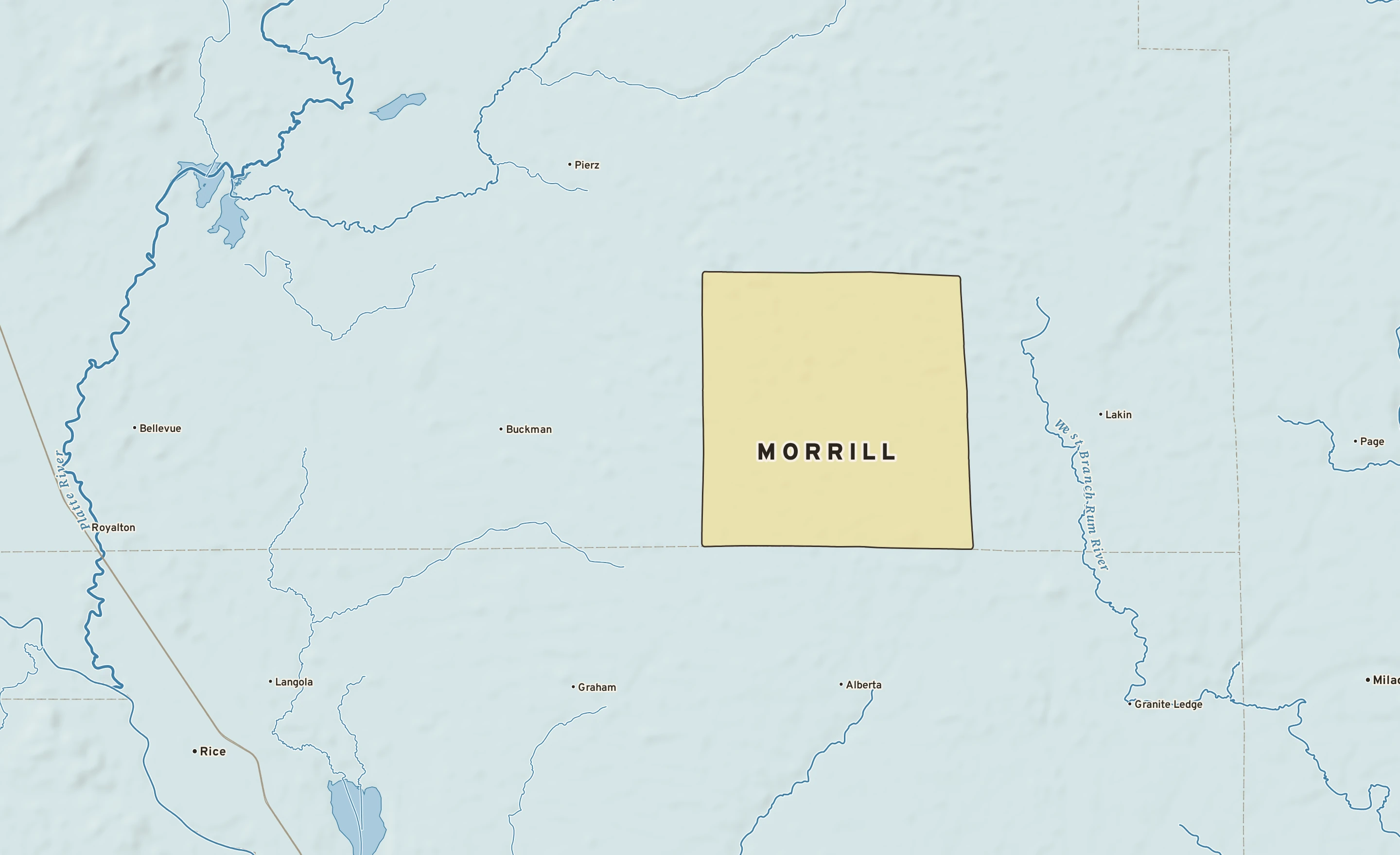 Shaded-relief atlas plate of Morrill, Minnesota: rivers, roads, the city limits and where the water drains.