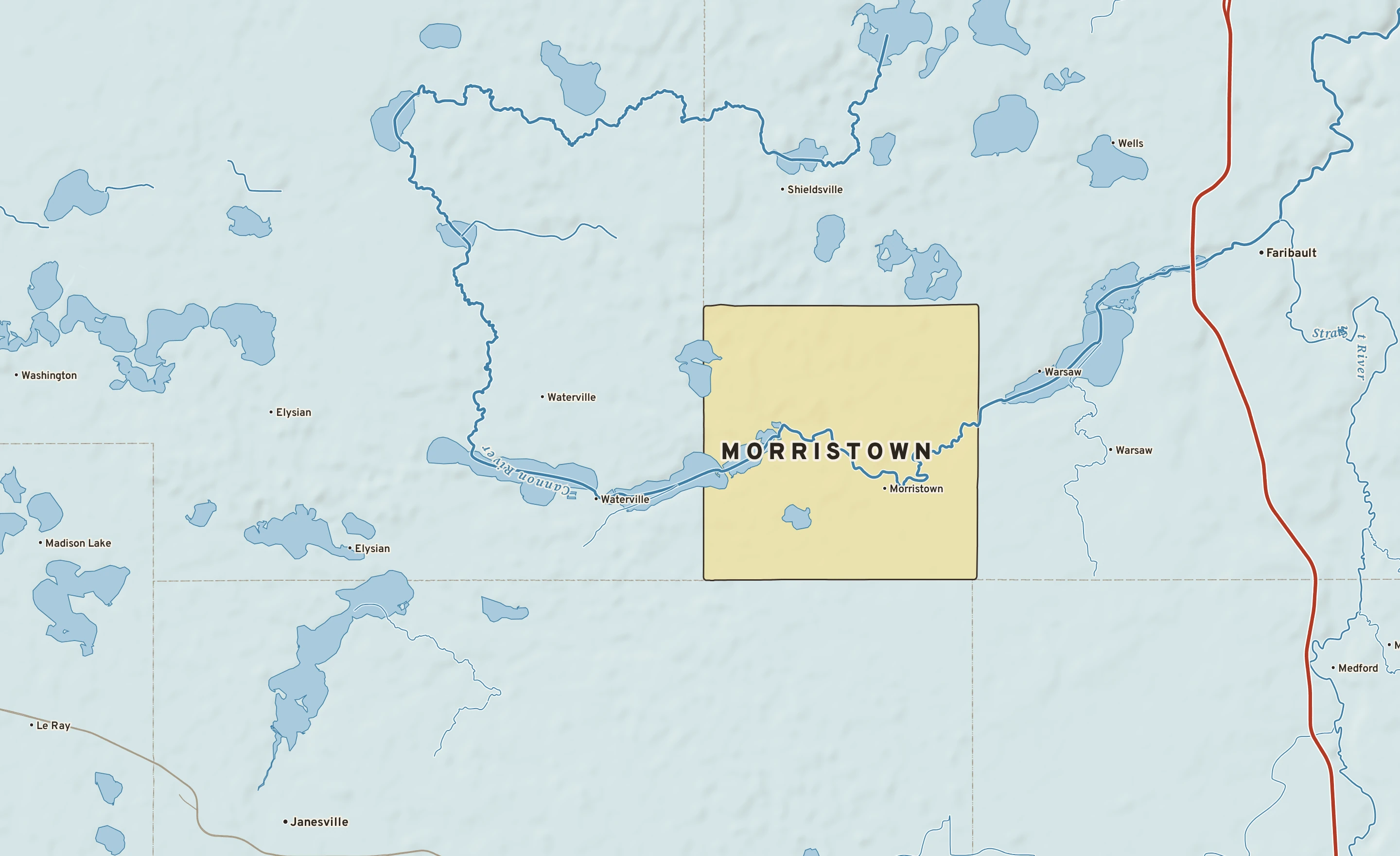 Shaded-relief atlas plate of Morristown, Minnesota: rivers, roads, the city limits and where the water drains.