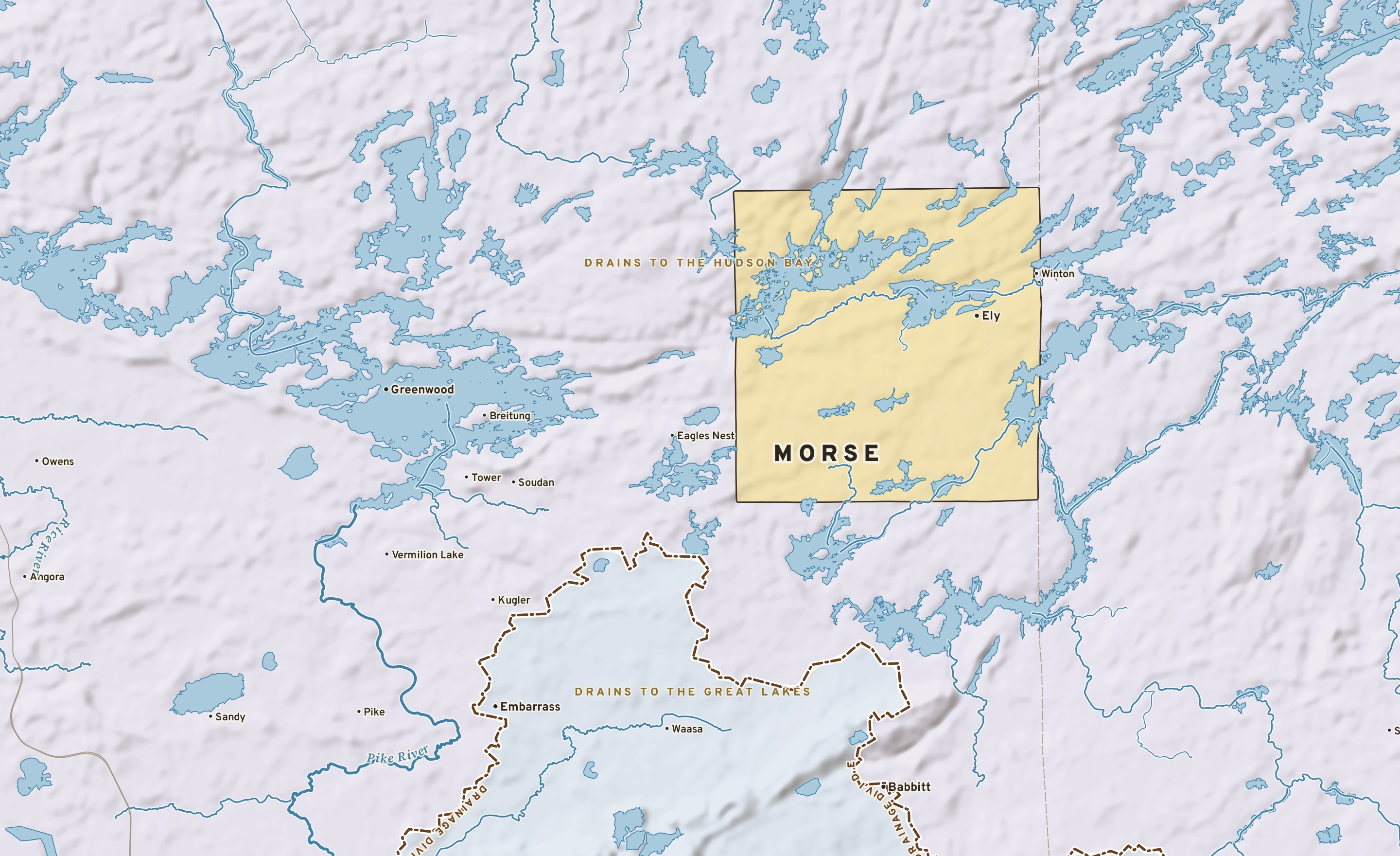 Shaded-relief atlas plate of Morse, Minnesota: rivers, roads, the city limits and where the water drains.