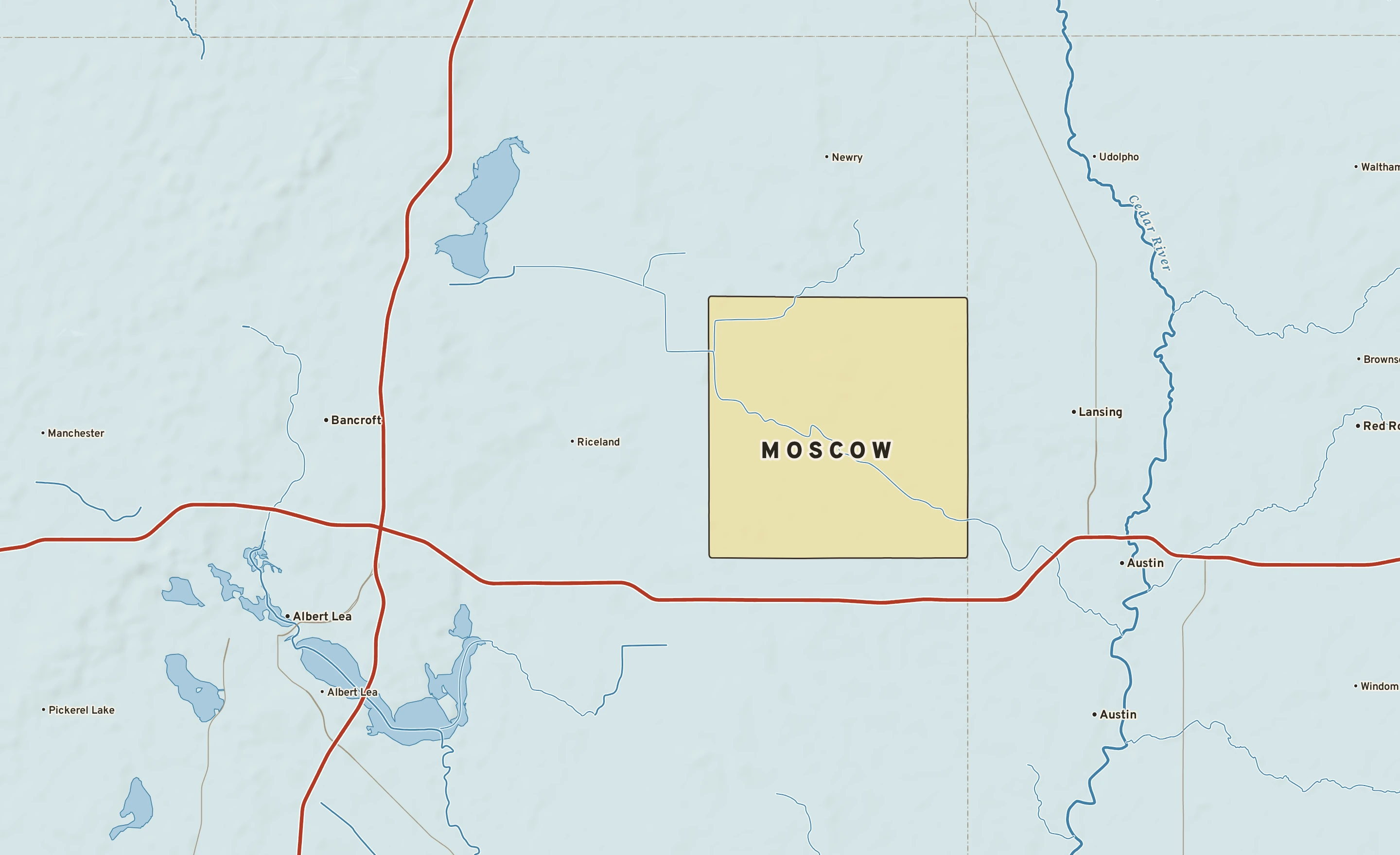 Shaded-relief atlas plate of Moscow, Minnesota: rivers, roads, the city limits and where the water drains.