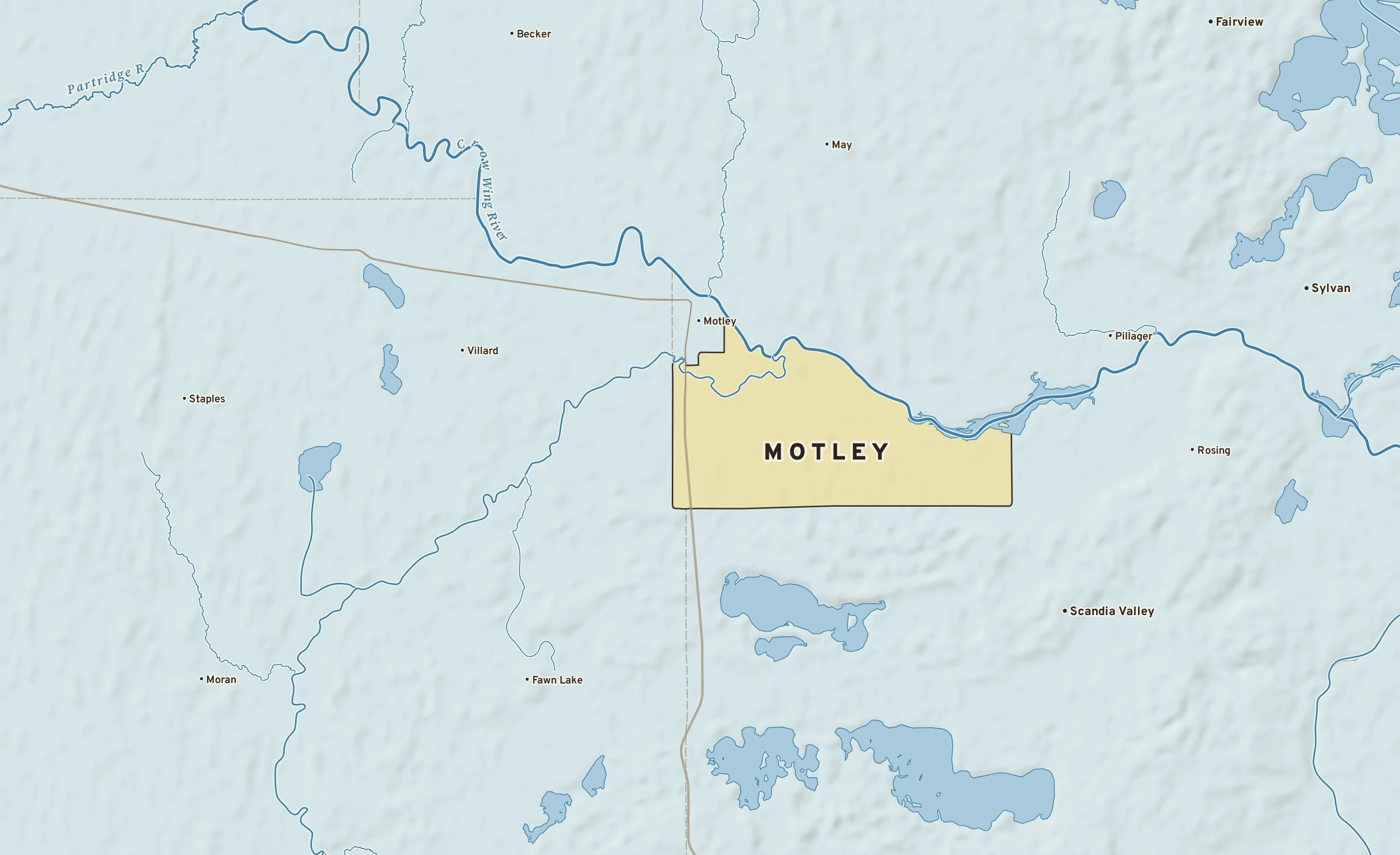 Shaded-relief atlas plate of Motley, Minnesota: rivers, roads, the city limits and where the water drains.
