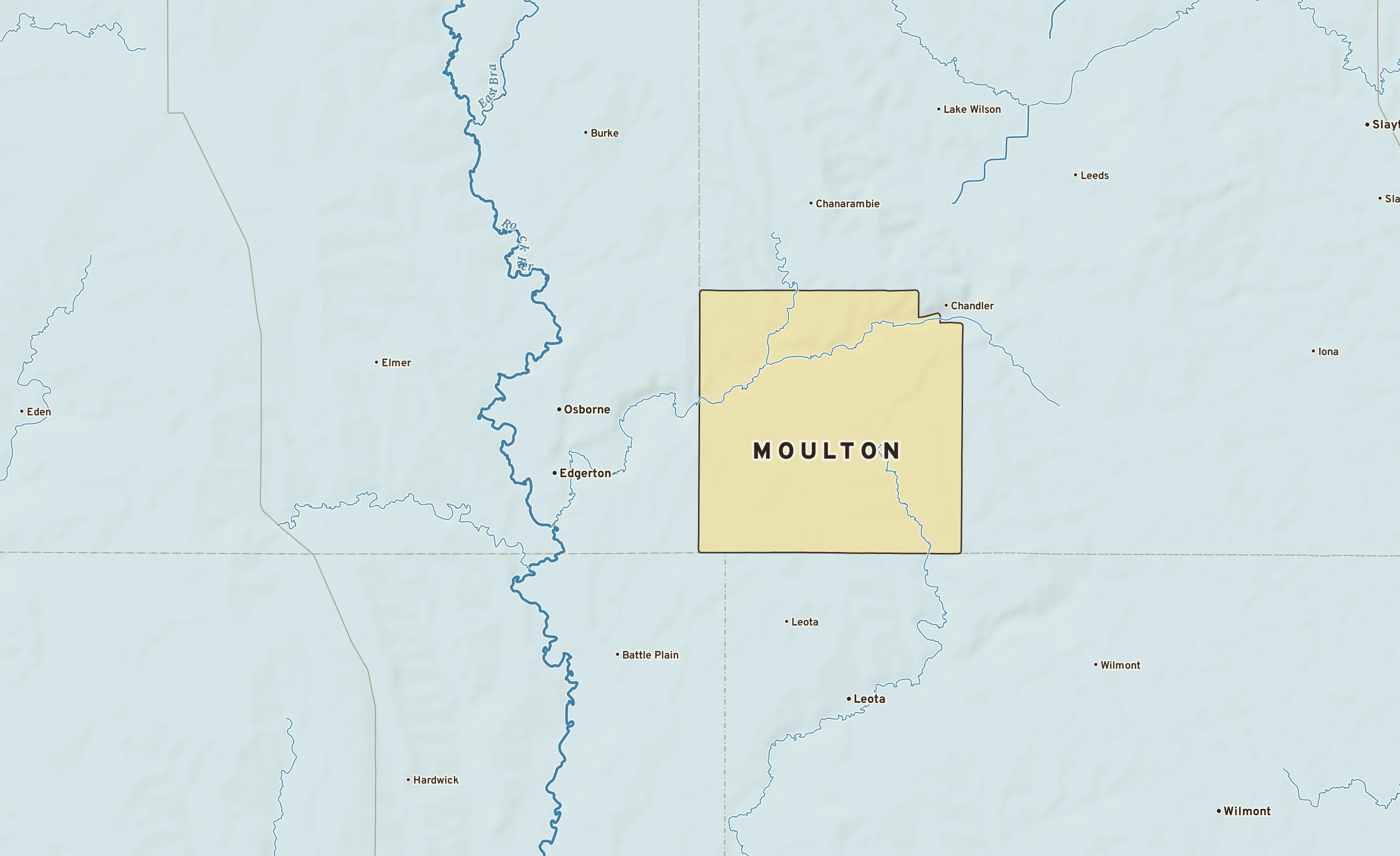 Shaded-relief atlas plate of Moulton, Minnesota: rivers, roads, the city limits and where the water drains.