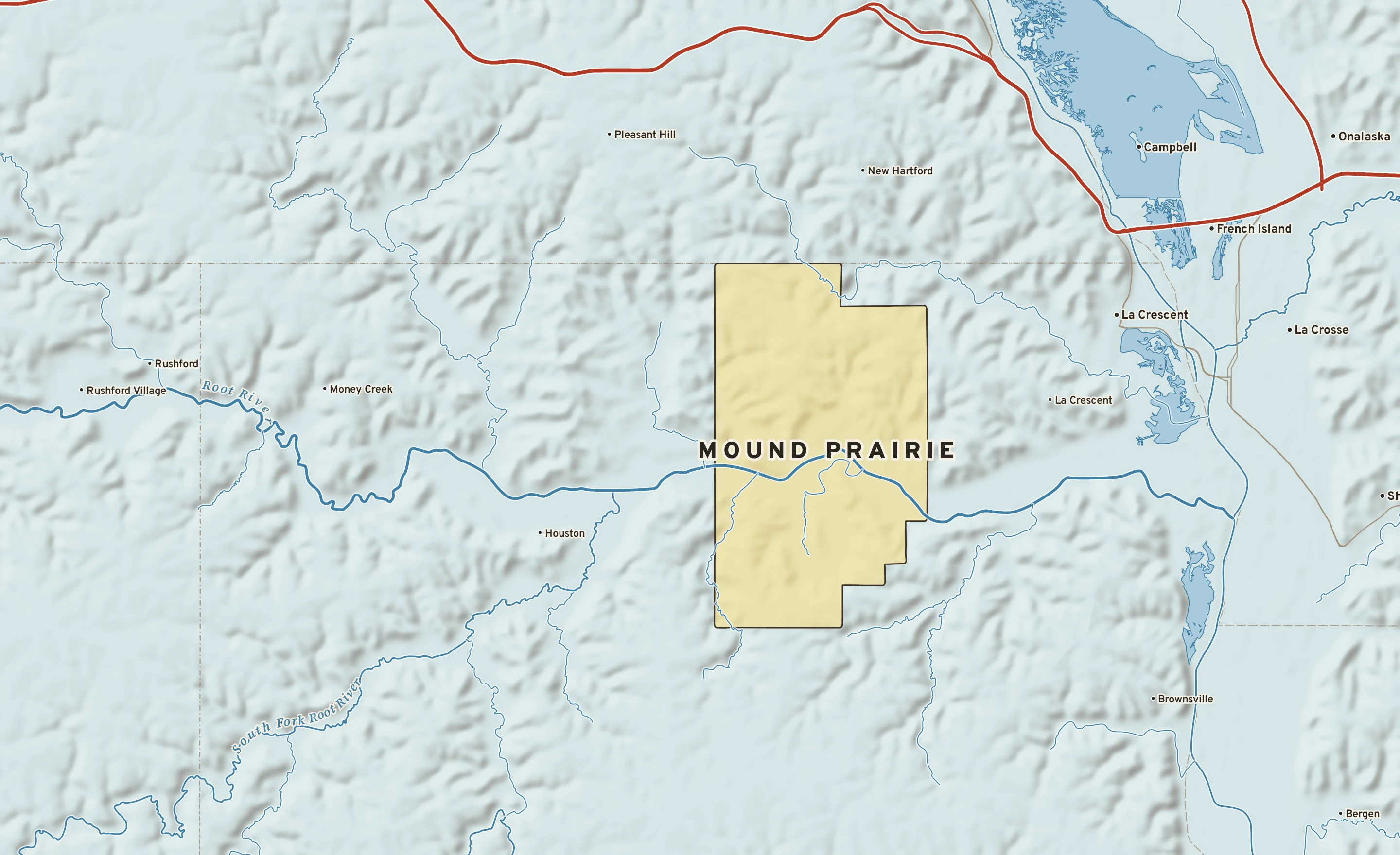 Shaded-relief atlas plate of Mound Prairie, Minnesota: rivers, roads, the city limits and where the water drains.