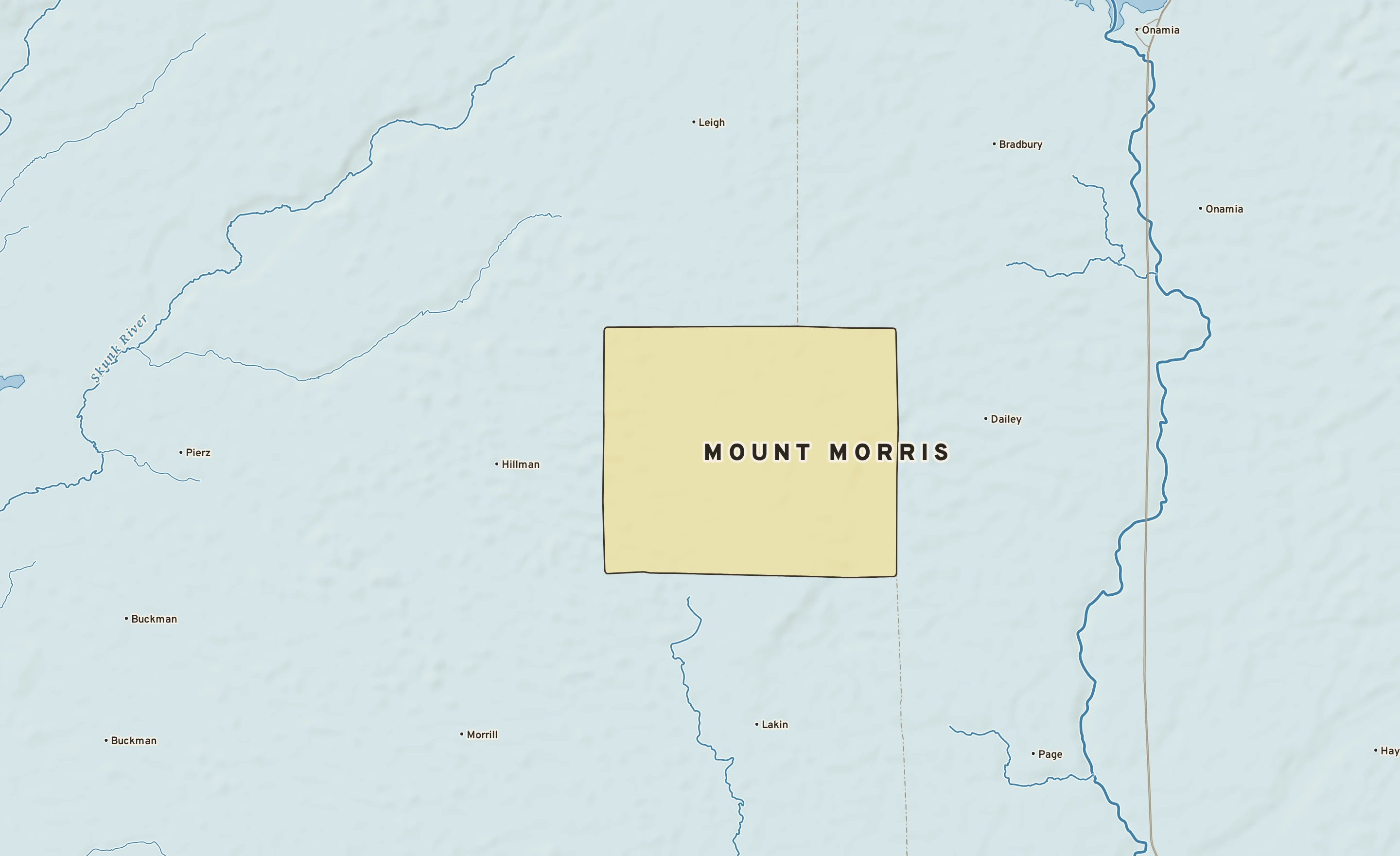 Shaded-relief atlas plate of Mount Morris, Minnesota: rivers, roads, the city limits and where the water drains.