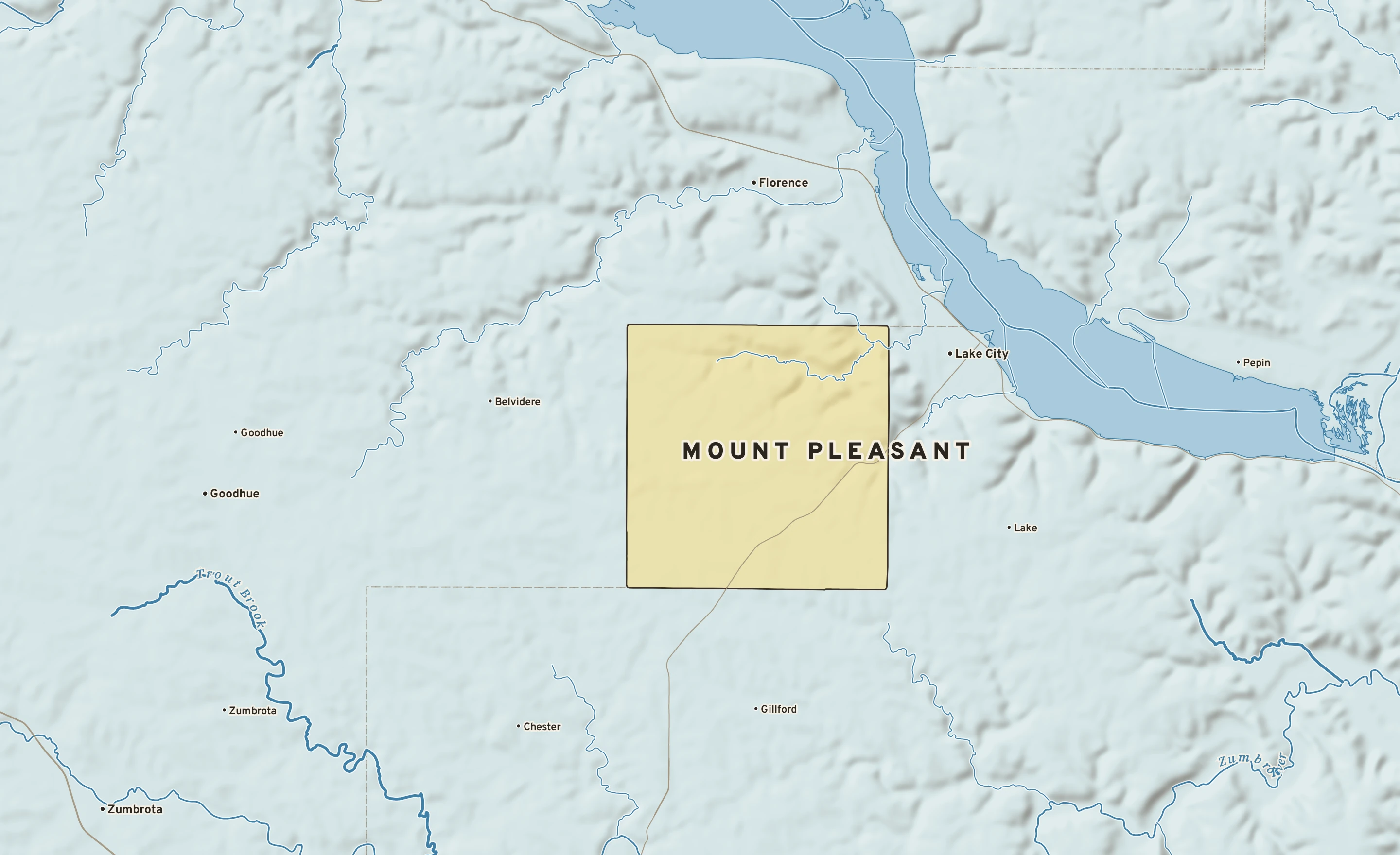 Shaded-relief atlas plate of Mount Pleasant, Minnesota: rivers, roads, the city limits and where the water drains.