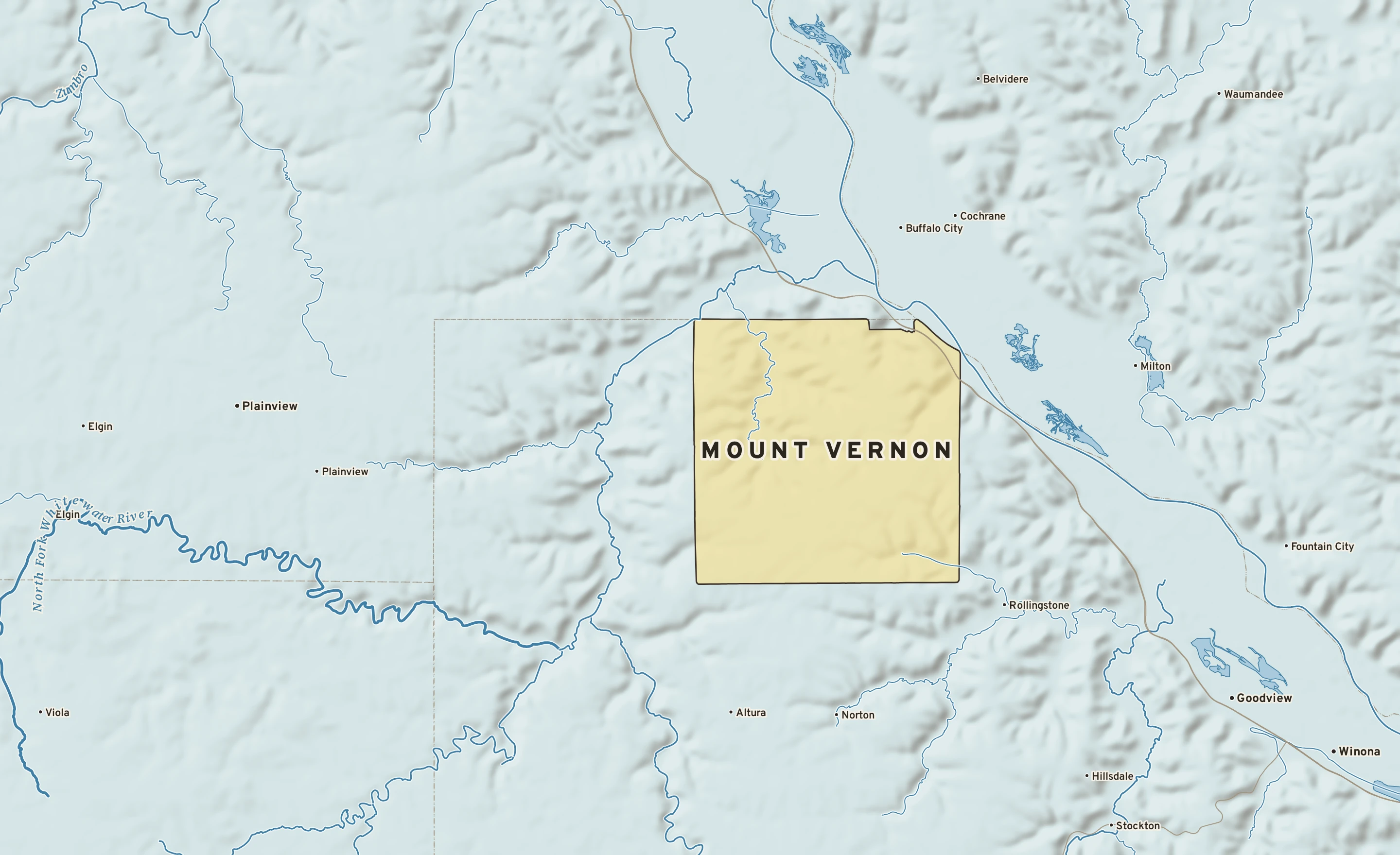Shaded-relief atlas plate of Mount Vernon, Minnesota: rivers, roads, the city limits and where the water drains.