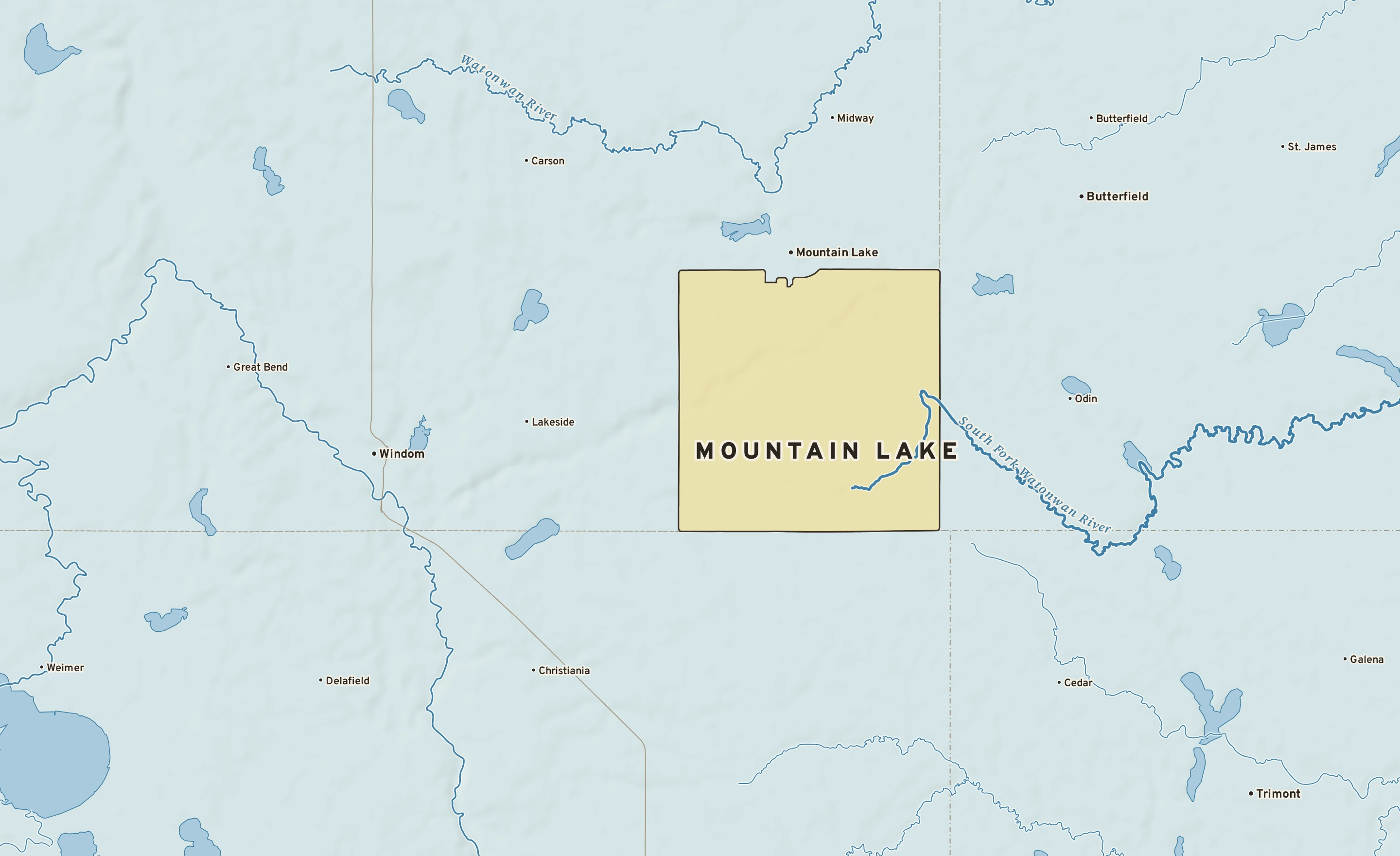 Shaded-relief atlas plate of Mountain Lake, Minnesota: rivers, roads, the city limits and where the water drains.