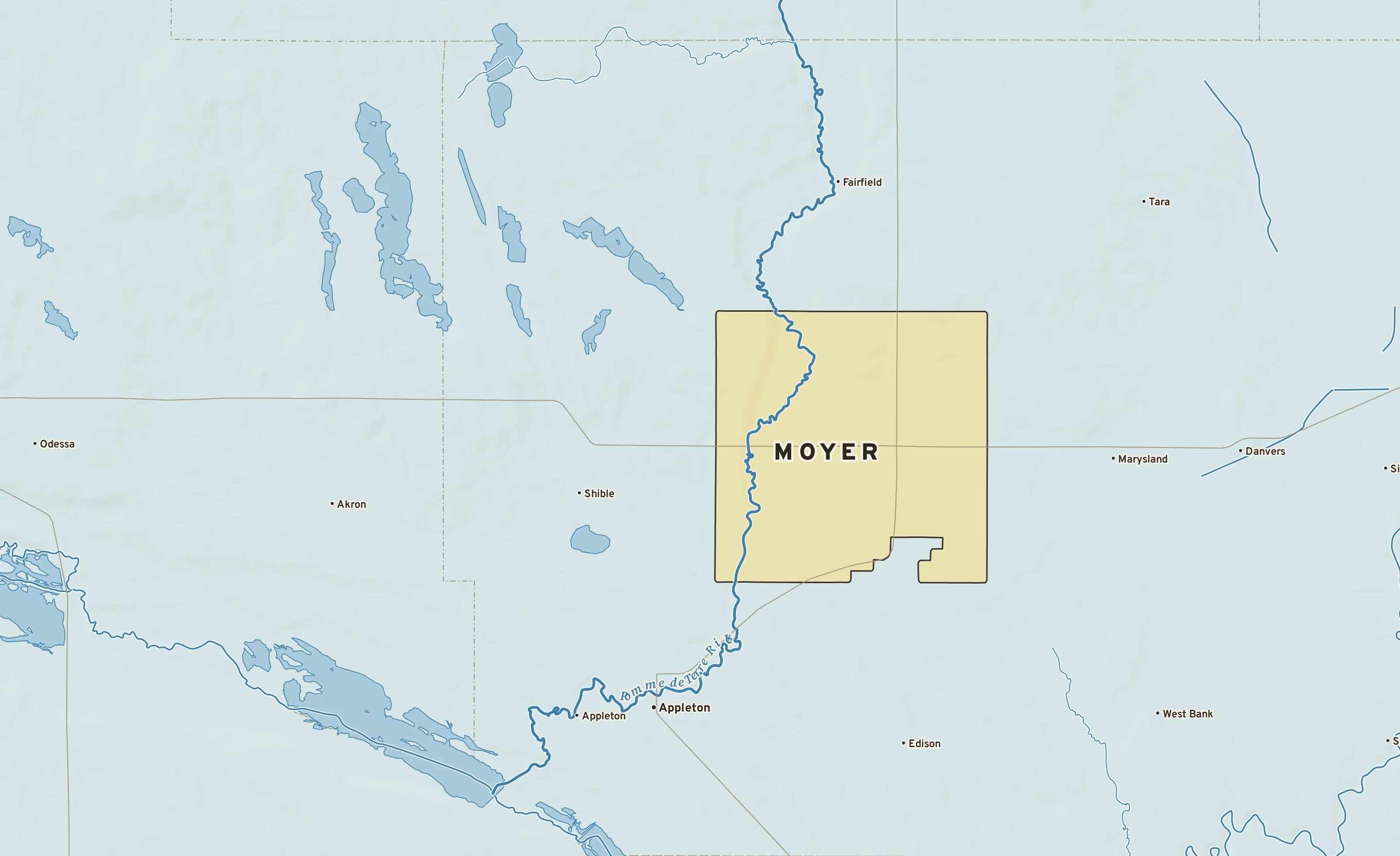 Shaded-relief atlas plate of Moyer, Minnesota: rivers, roads, the city limits and where the water drains.