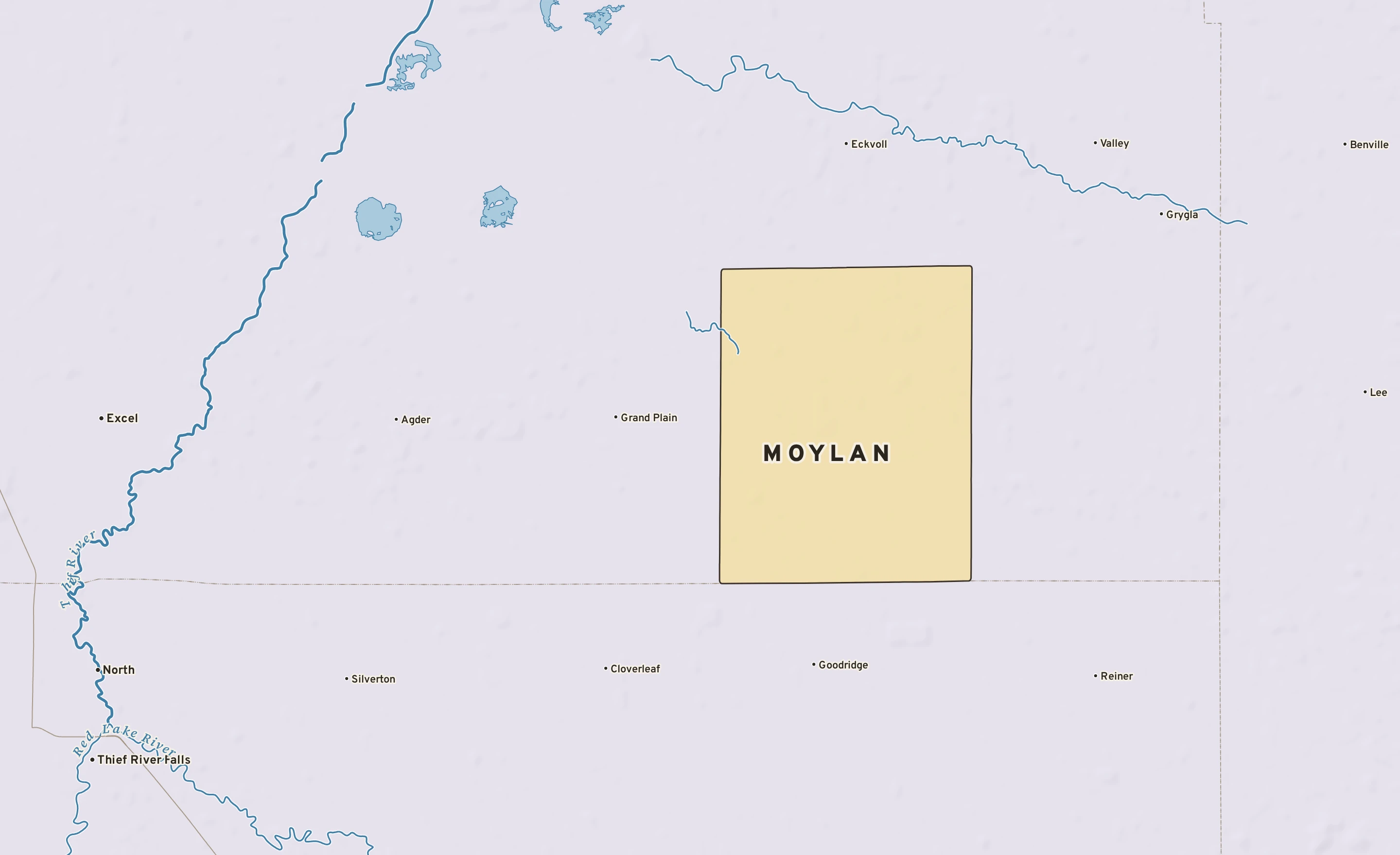 Shaded-relief atlas plate of Moylan, Minnesota: rivers, roads, the city limits and where the water drains.