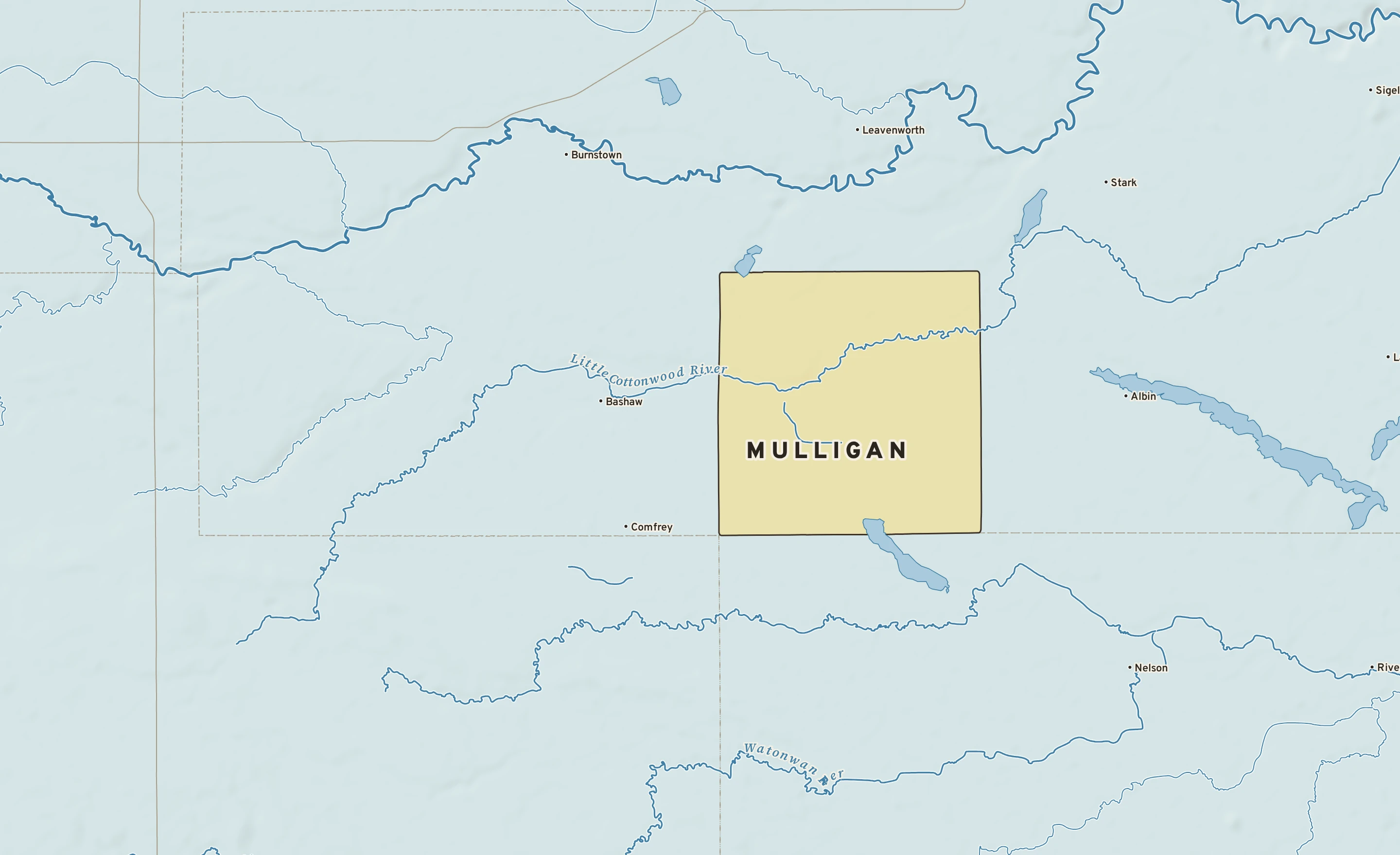 Shaded-relief atlas plate of Mulligan, Minnesota: rivers, roads, the city limits and where the water drains.