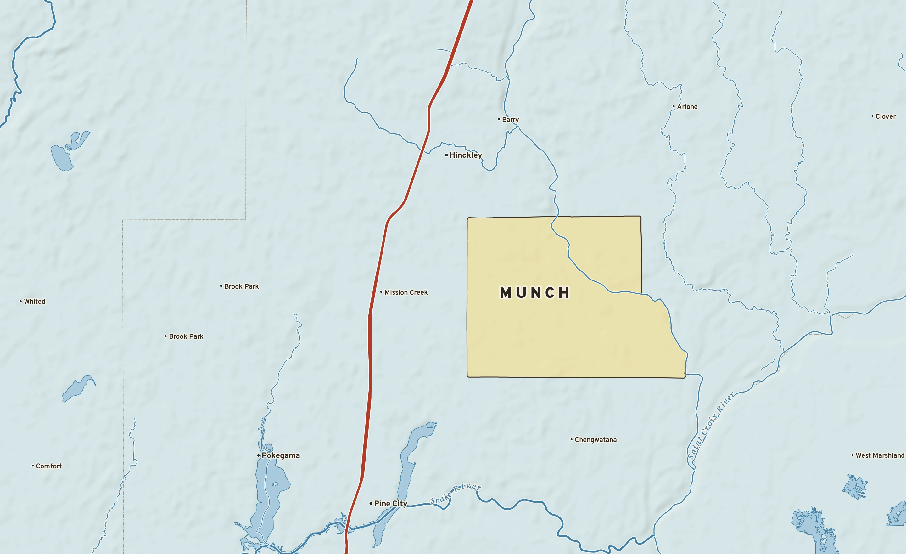 Shaded-relief atlas plate of Munch, Minnesota: rivers, roads, the city limits and where the water drains.