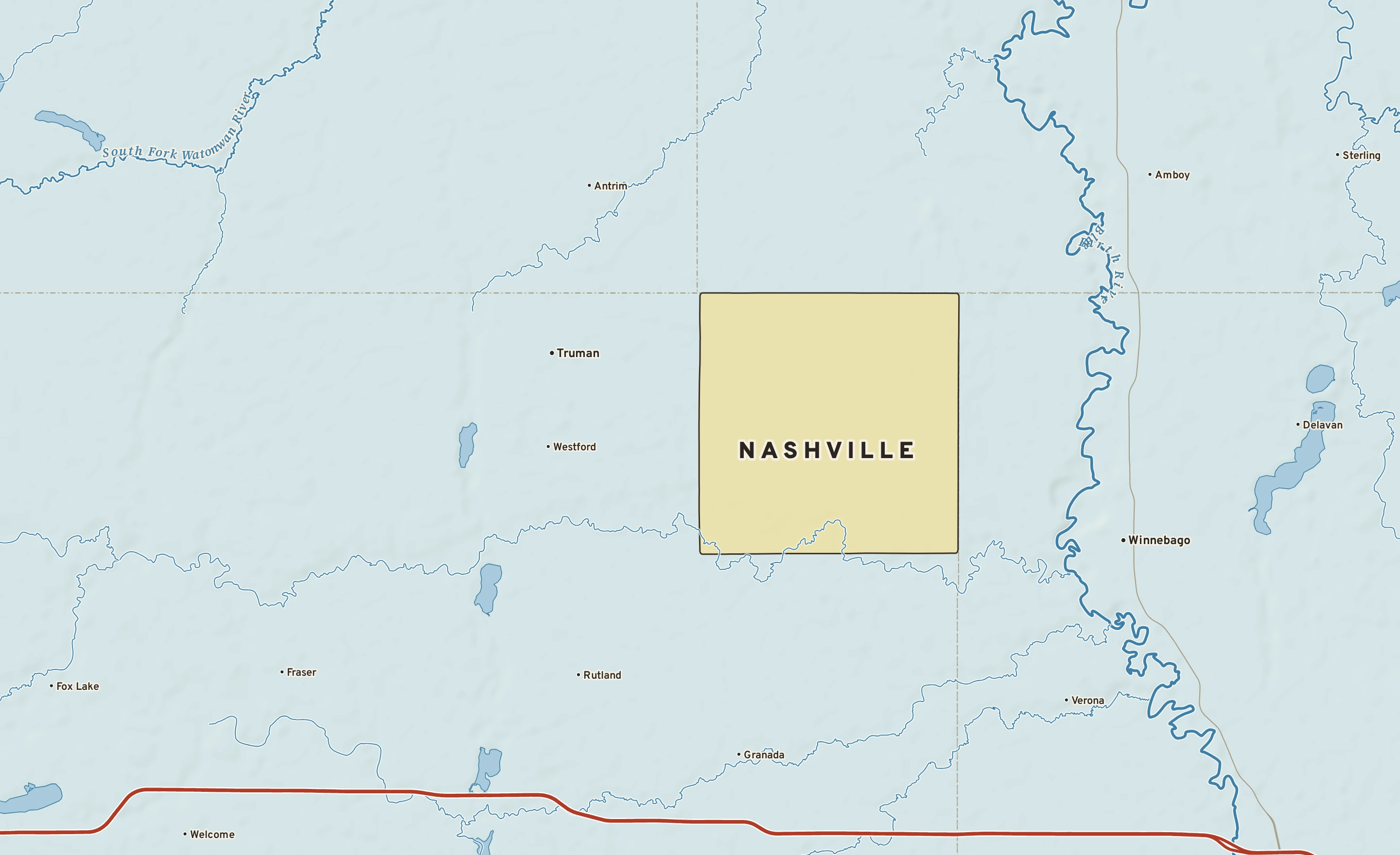 Shaded-relief atlas plate of Nashville, Minnesota: rivers, roads, the city limits and where the water drains.