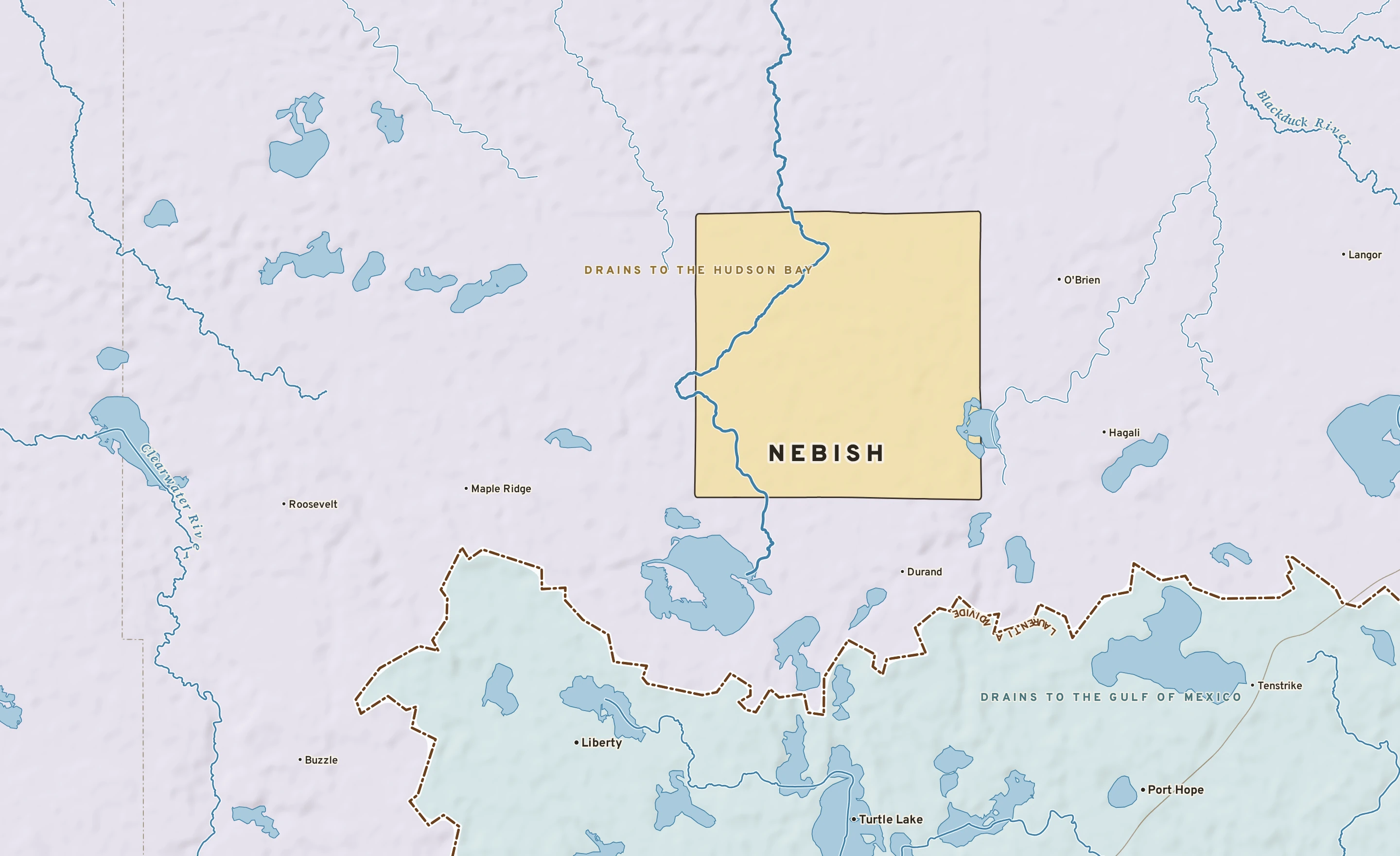 Shaded-relief atlas plate of Nebish, Minnesota: rivers, roads, the city limits and where the water drains.
