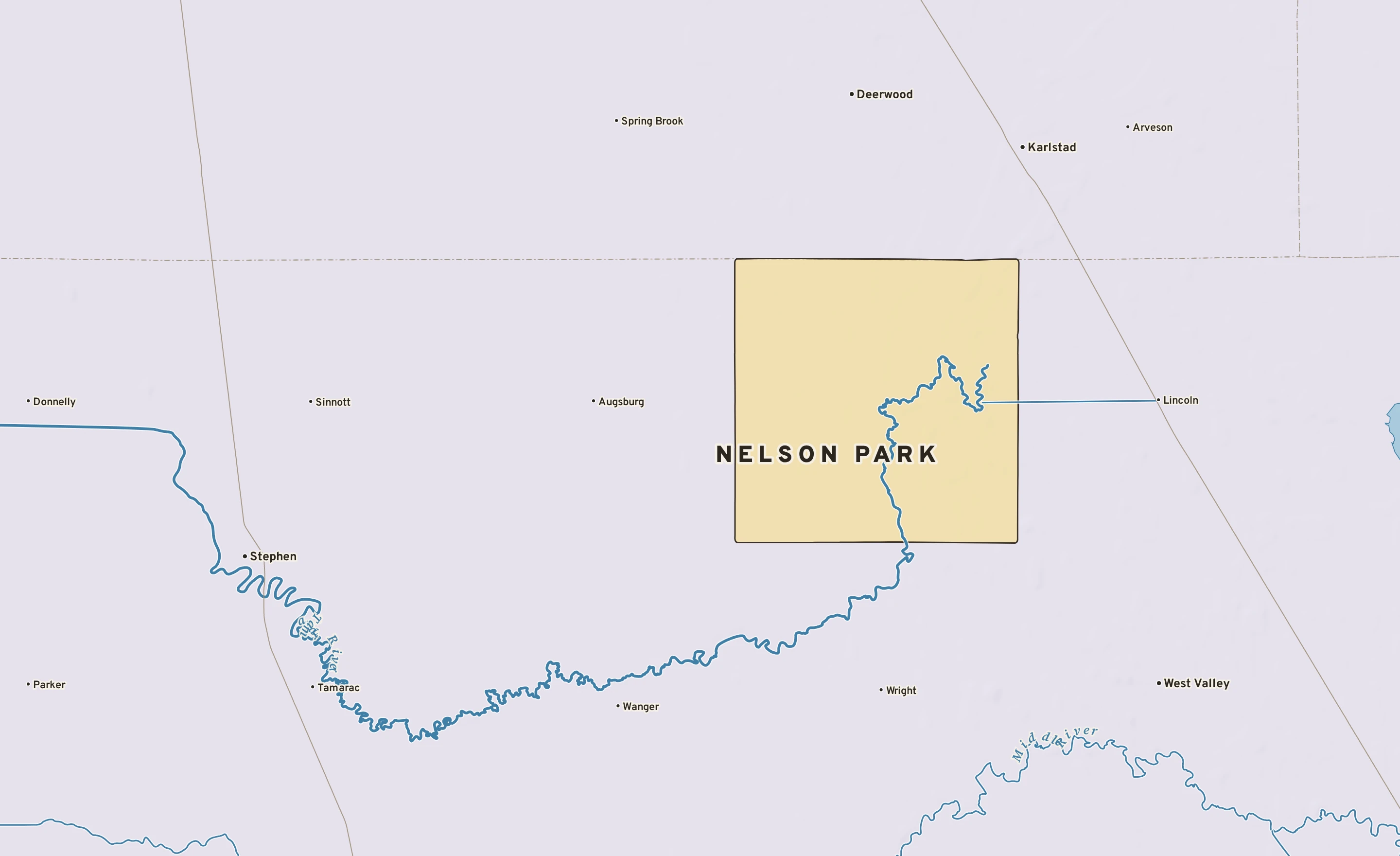 Shaded-relief atlas plate of Nelson Park, Minnesota: rivers, roads, the city limits and where the water drains.