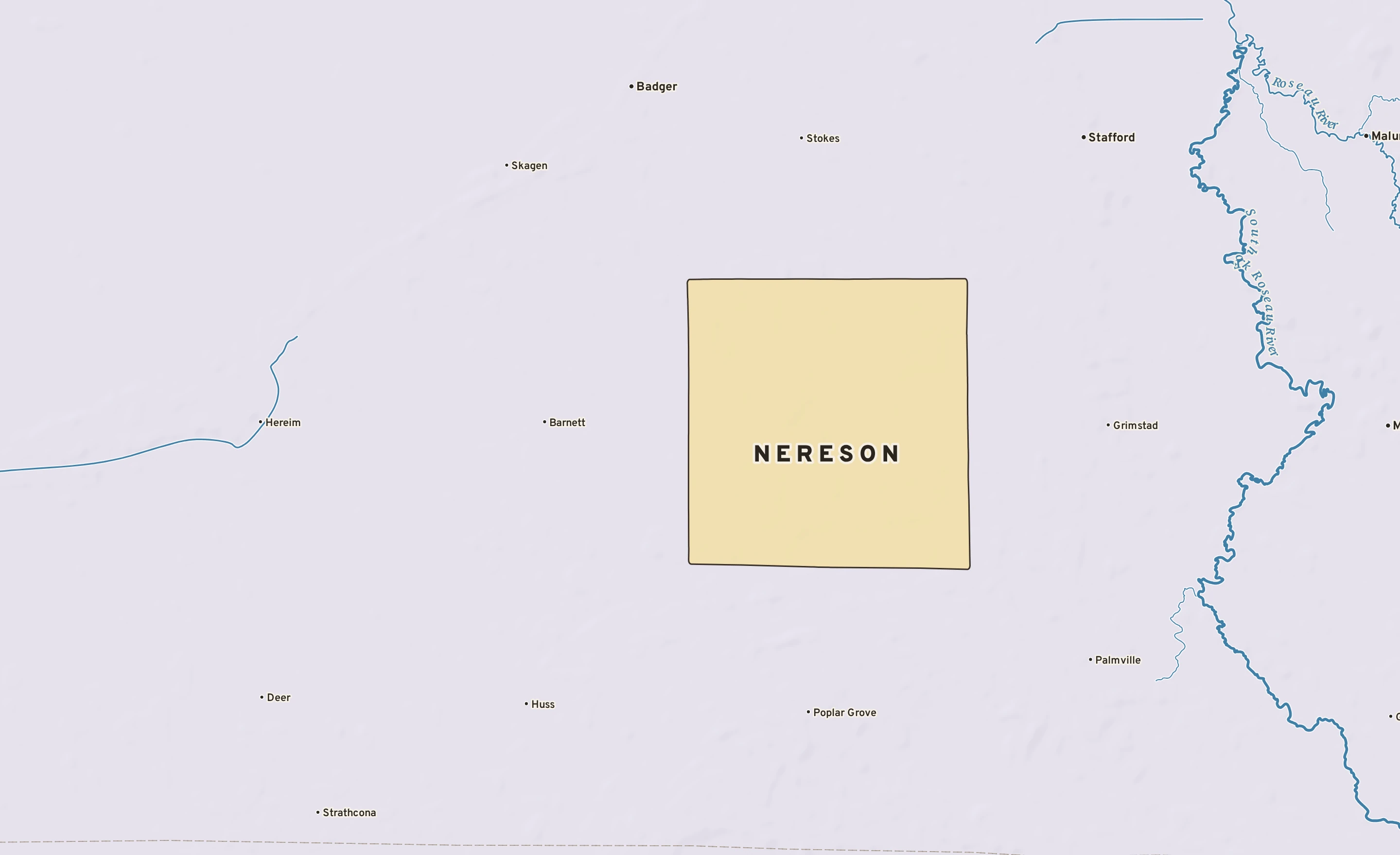 Shaded-relief atlas plate of Nereson, Minnesota: rivers, roads, the city limits and where the water drains.