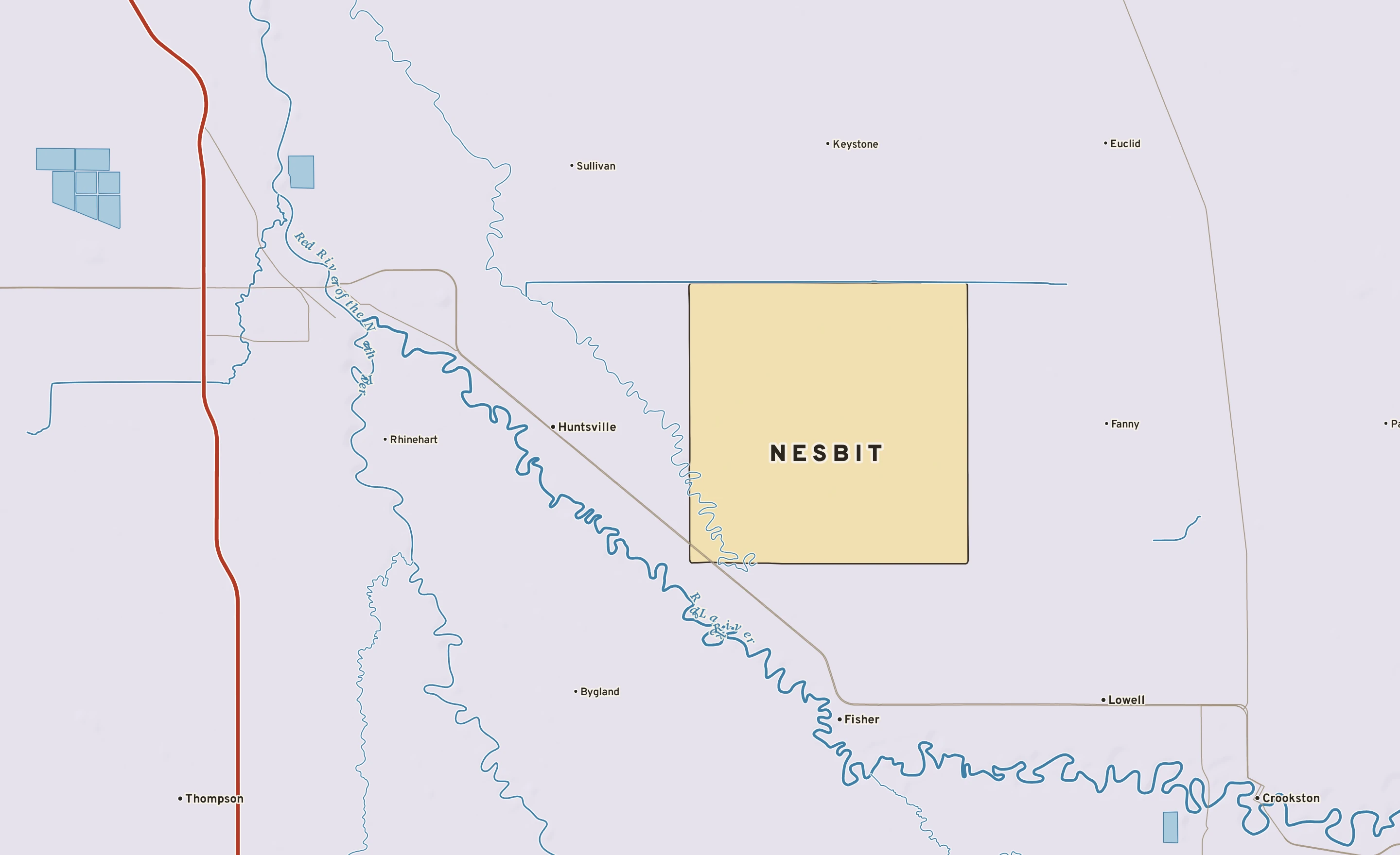 Shaded-relief atlas plate of Nesbit, Minnesota: rivers, roads, the city limits and where the water drains.