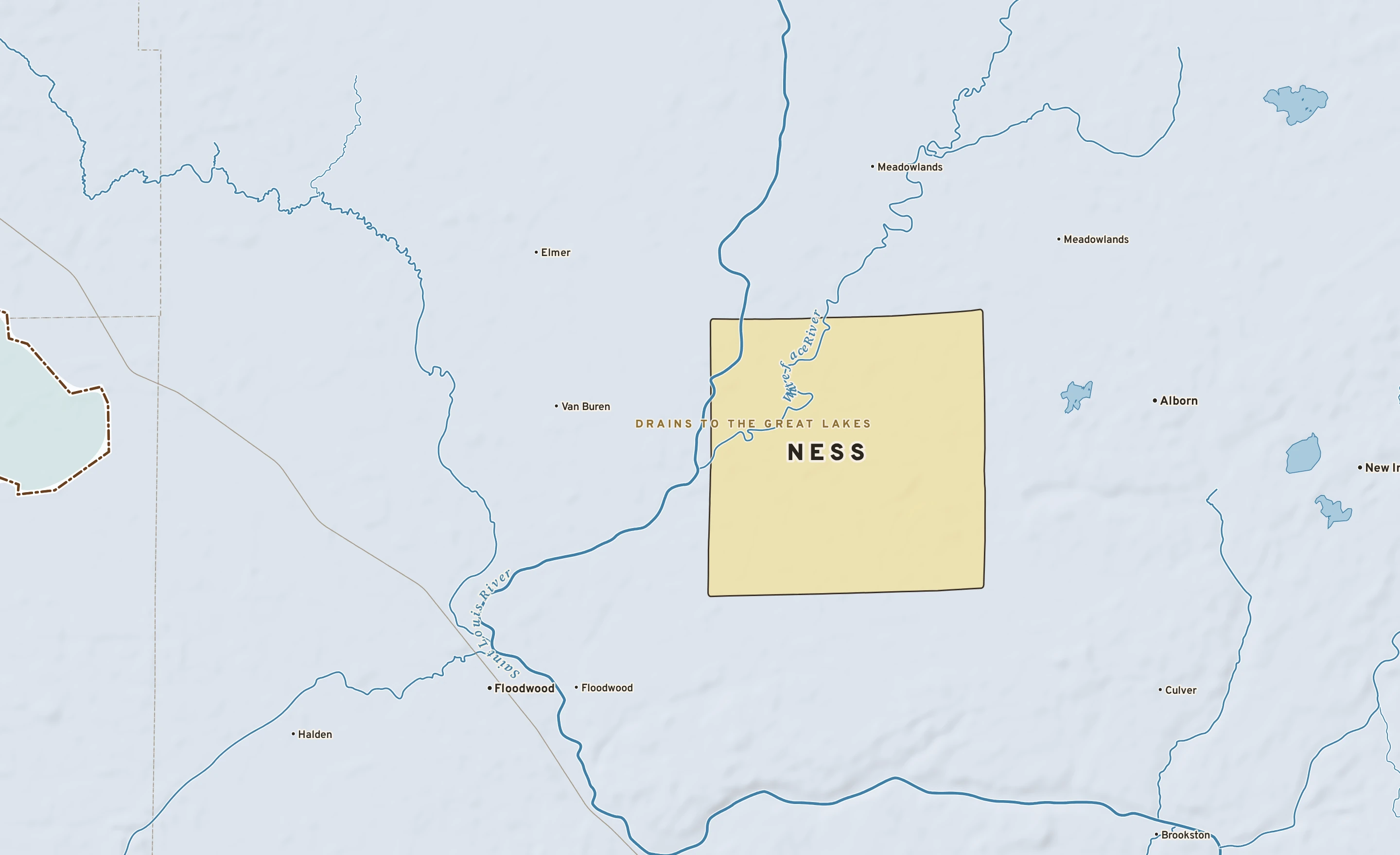 Shaded-relief atlas plate of Ness, Minnesota: rivers, roads, the city limits and where the water drains.