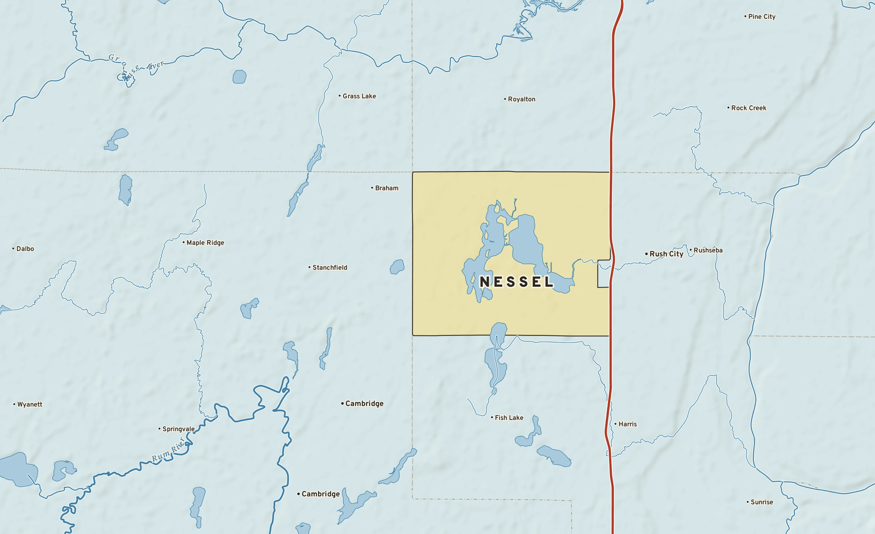 Shaded-relief atlas plate of Nessel, Minnesota: rivers, roads, the city limits and where the water drains.