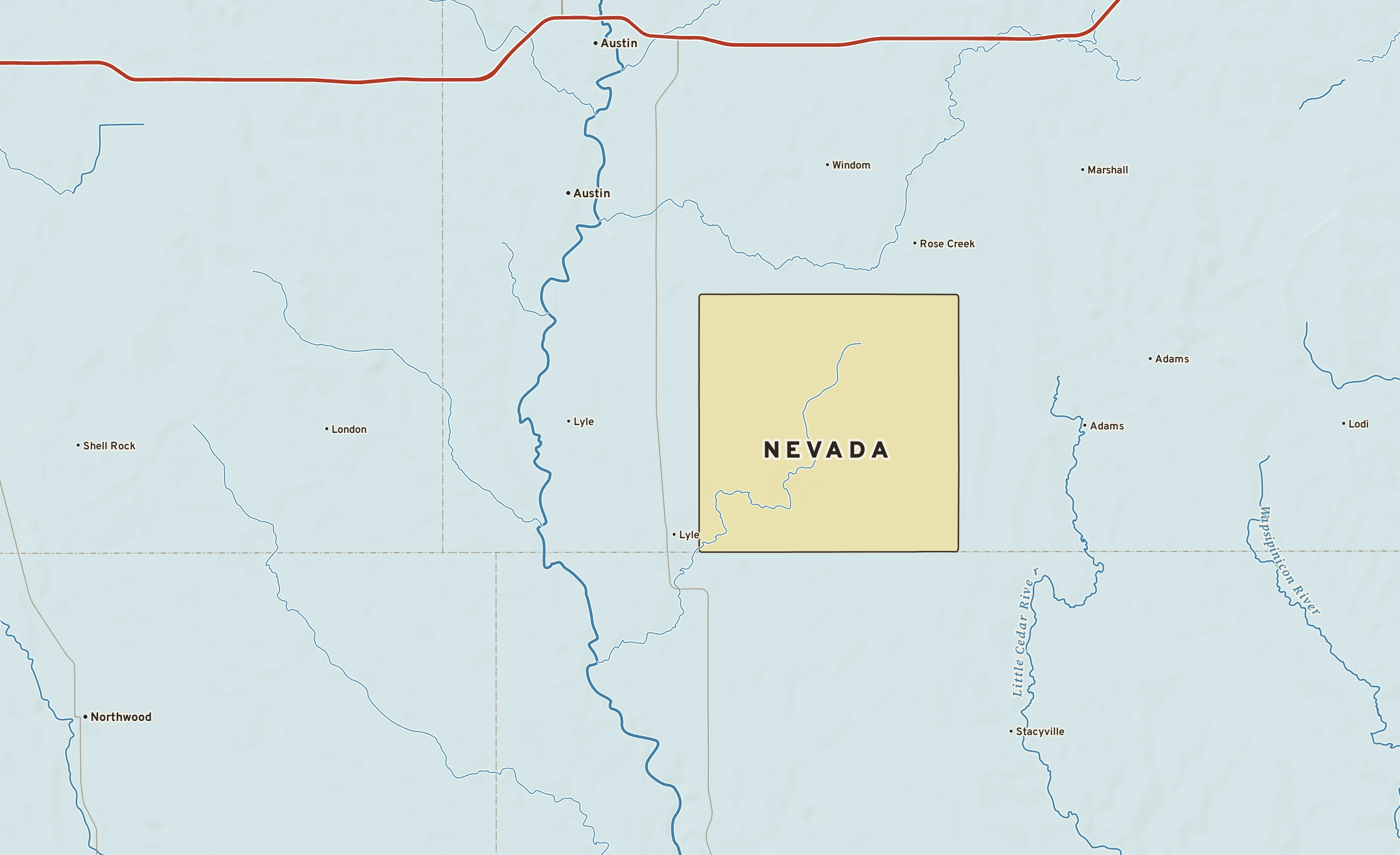 Shaded-relief atlas plate of Nevada, Minnesota: rivers, roads, the city limits and where the water drains.