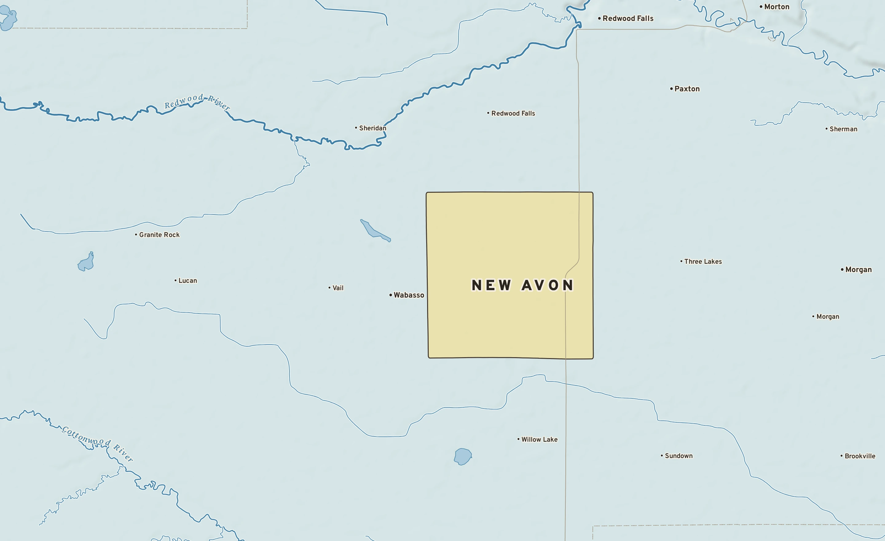 Shaded-relief atlas plate of New Avon, Minnesota: rivers, roads, the city limits and where the water drains.