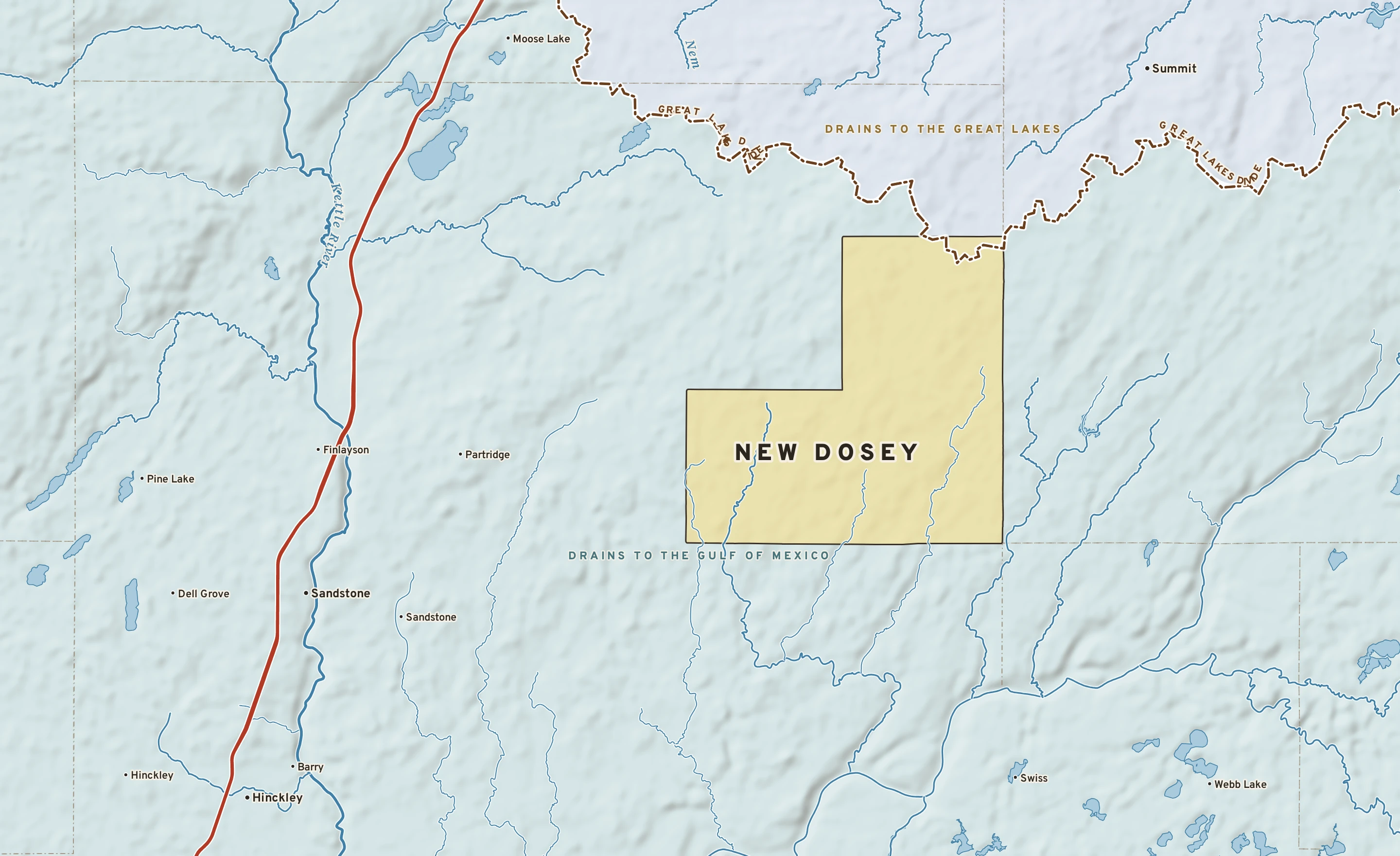 Shaded-relief atlas plate of New Dosey, Minnesota: rivers, roads, the city limits and where the water drains.