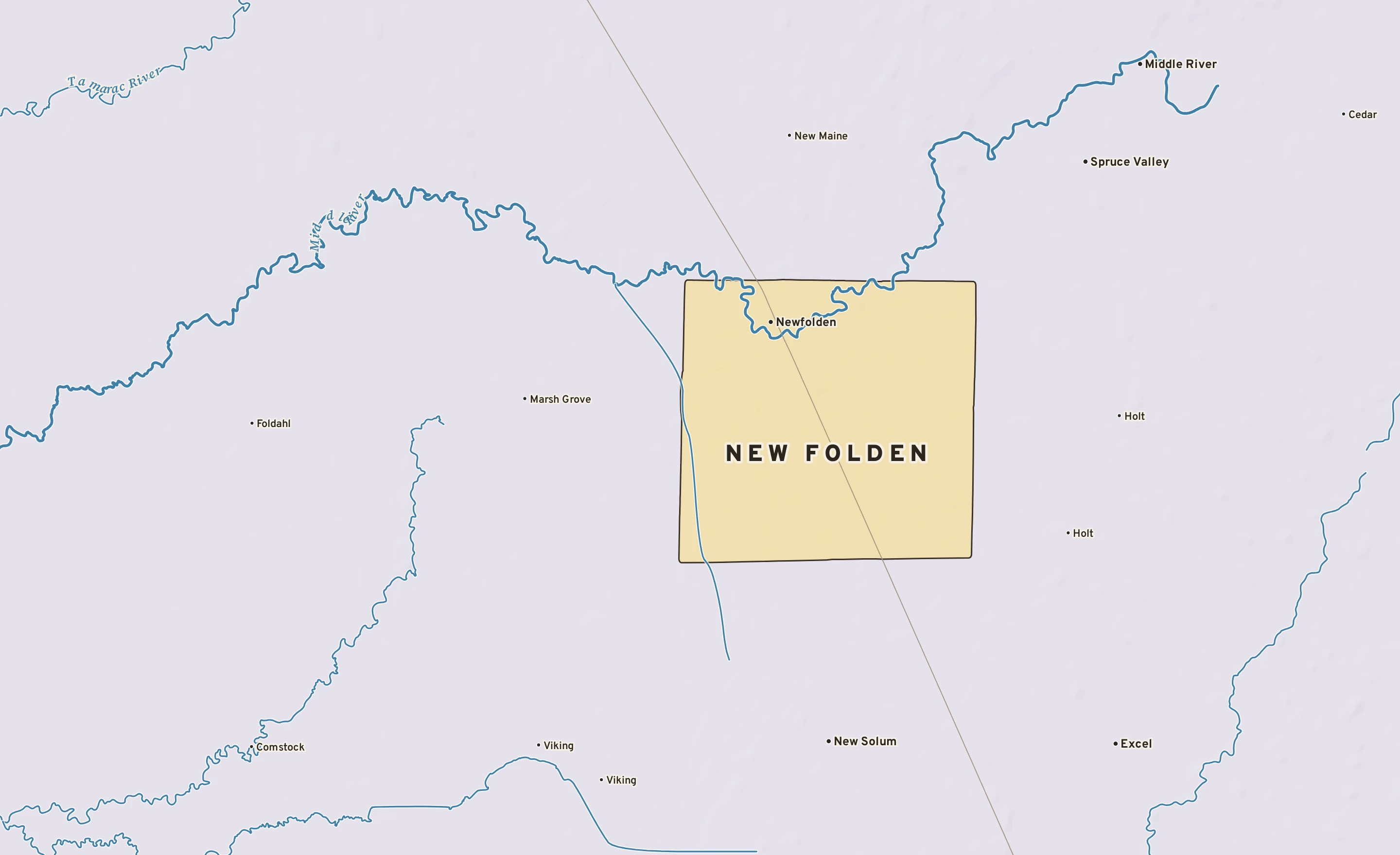 Shaded-relief atlas plate of New Folden, Minnesota: rivers, roads, the city limits and where the water drains.