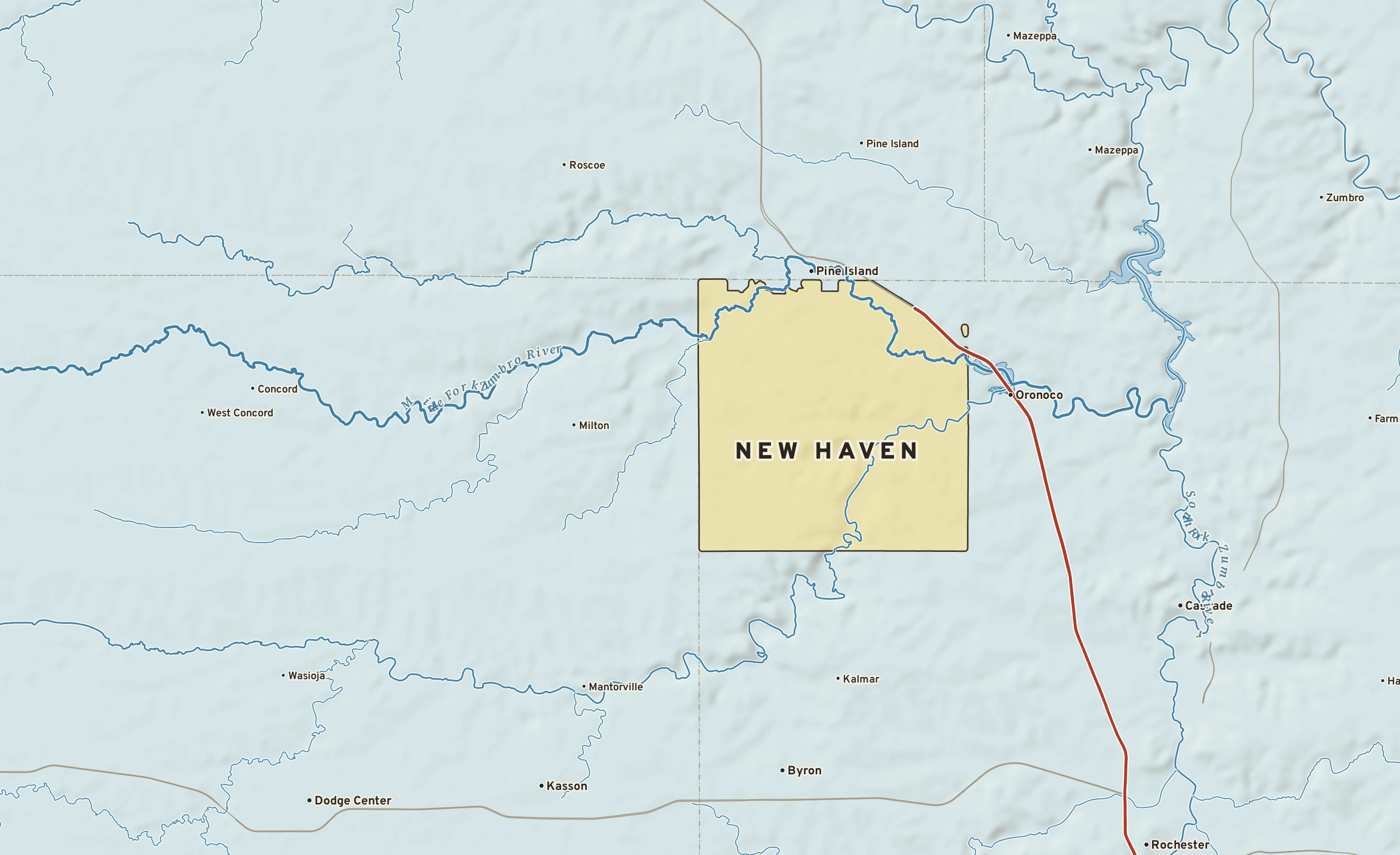 Shaded-relief atlas plate of New Haven, Minnesota: rivers, roads, the city limits and where the water drains.