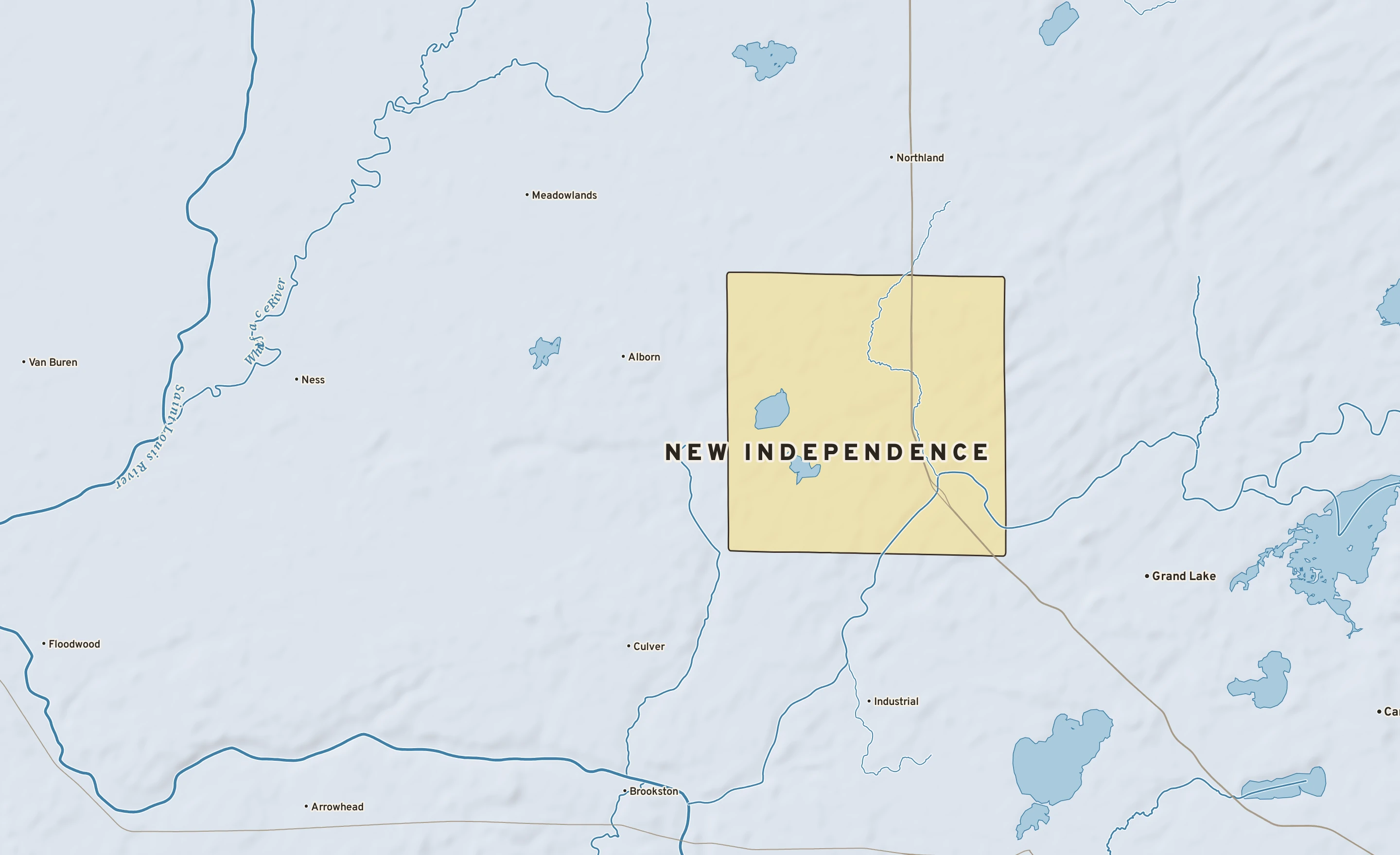 Shaded-relief atlas plate of New Independence, Minnesota: rivers, roads, the city limits and where the water drains.