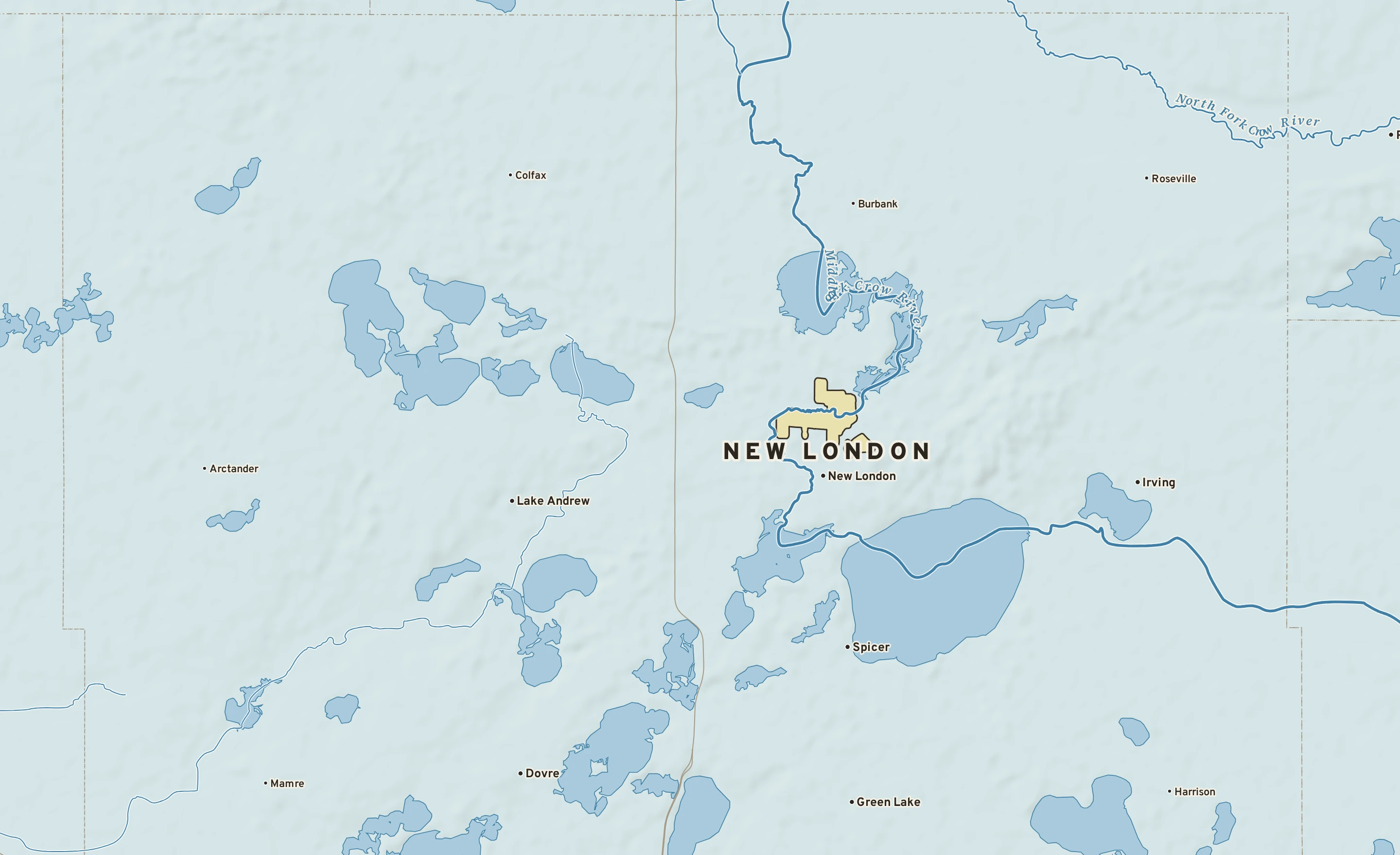 Shaded-relief atlas plate of New London, Minnesota: rivers, roads, the city limits and where the water drains.