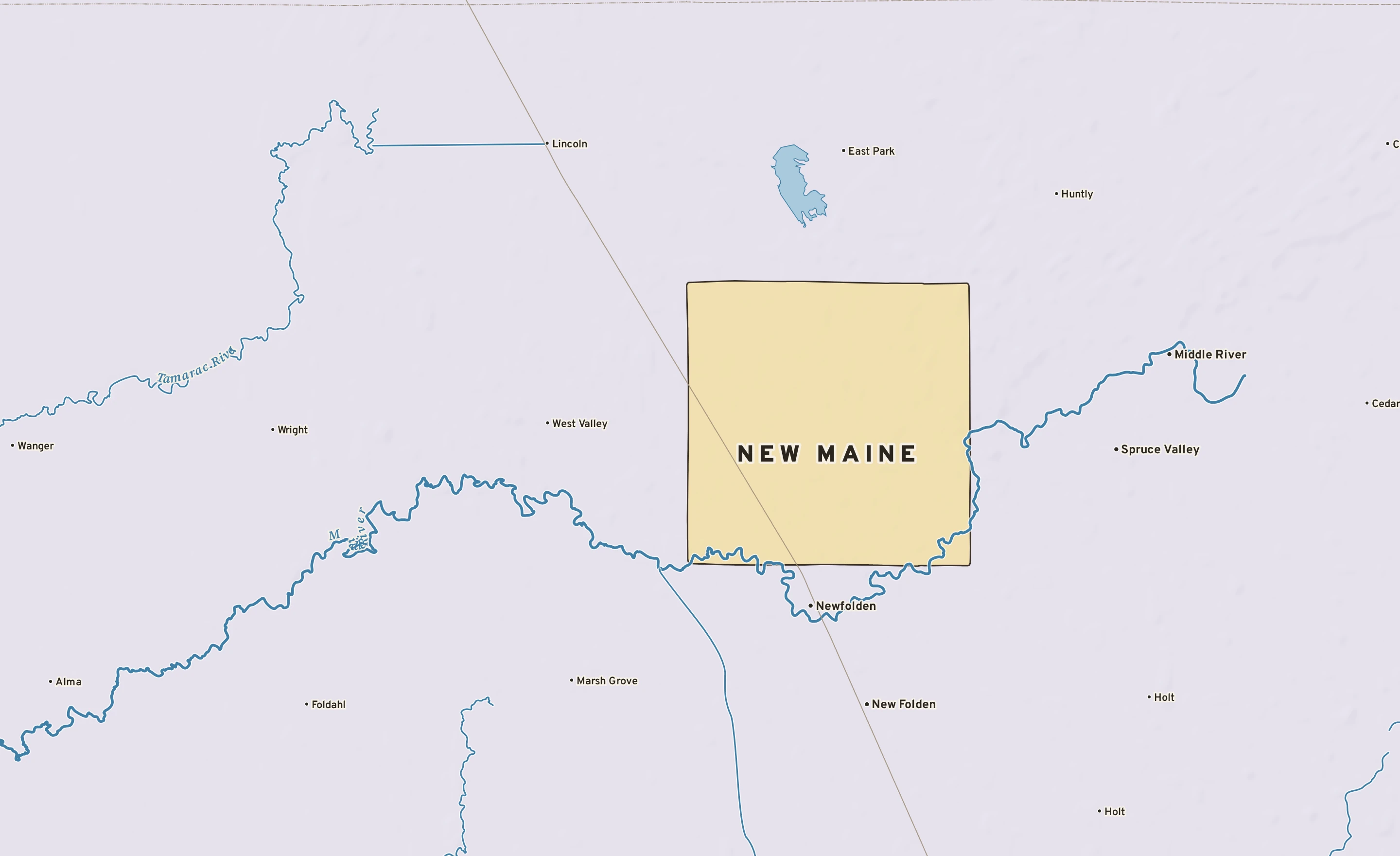Shaded-relief atlas plate of New Maine, Minnesota: rivers, roads, the city limits and where the water drains.