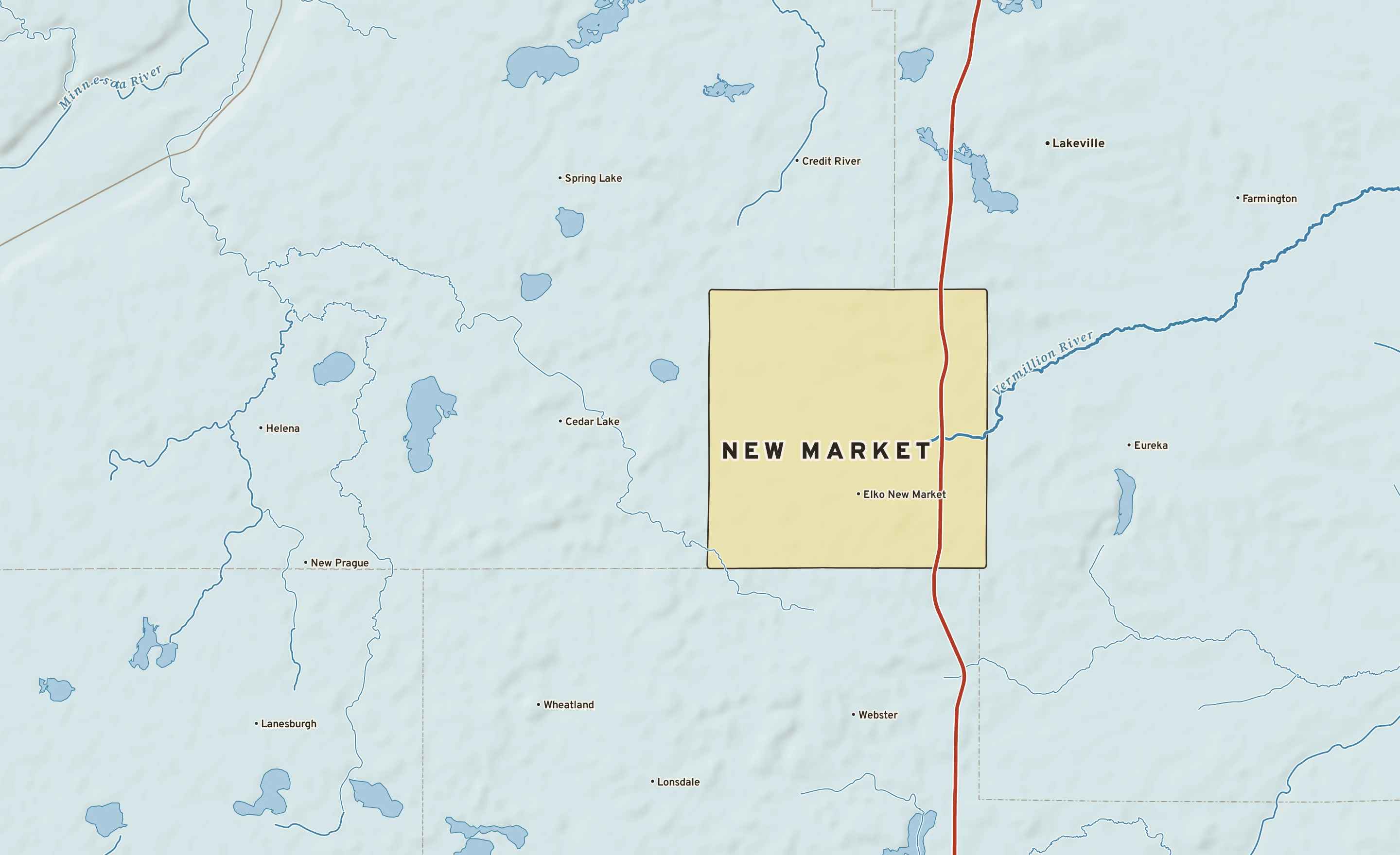 Shaded-relief atlas plate of New Market, Minnesota: rivers, roads, the city limits and where the water drains.
