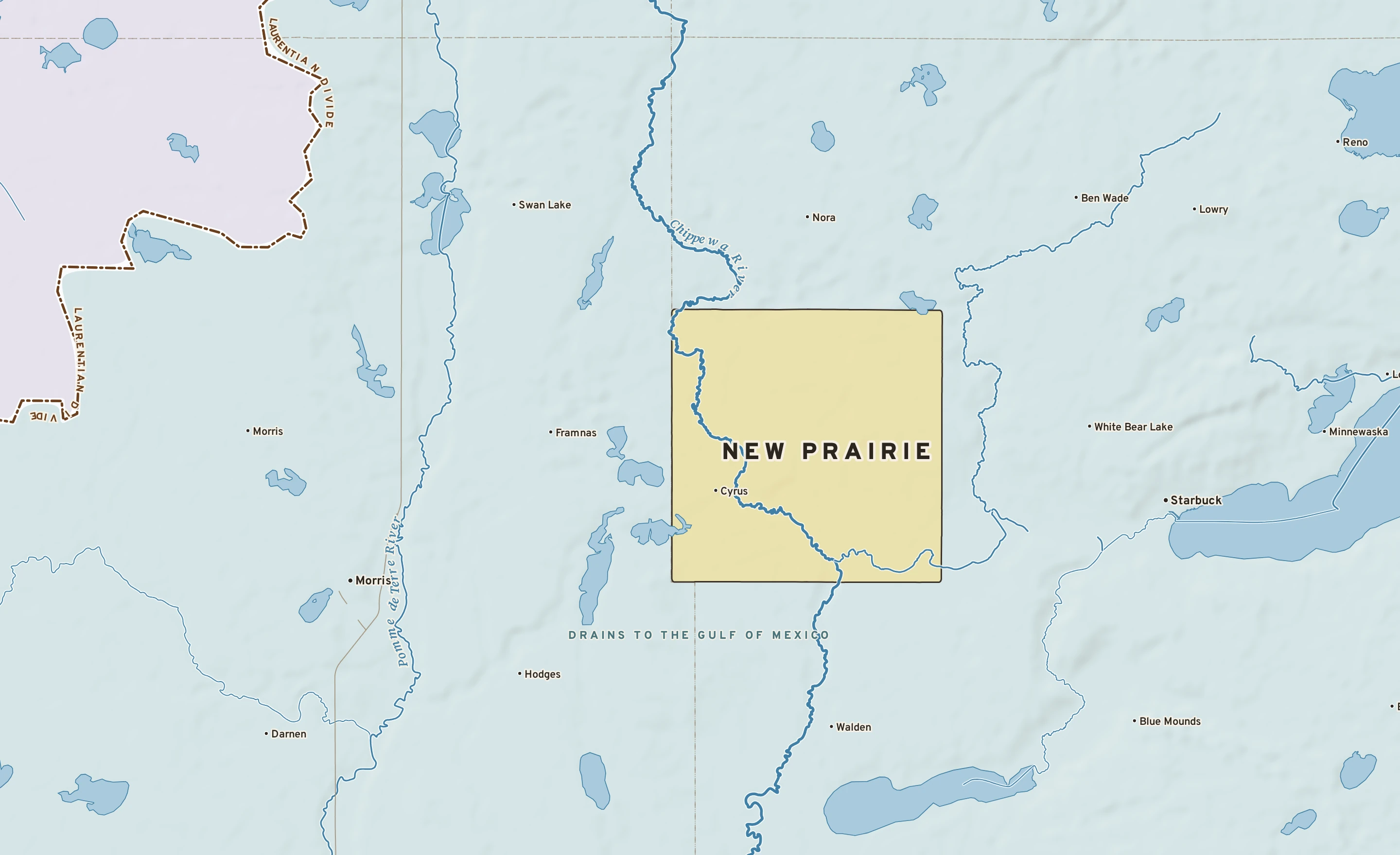 Shaded-relief atlas plate of New Prairie, Minnesota: rivers, roads, the city limits and where the water drains.