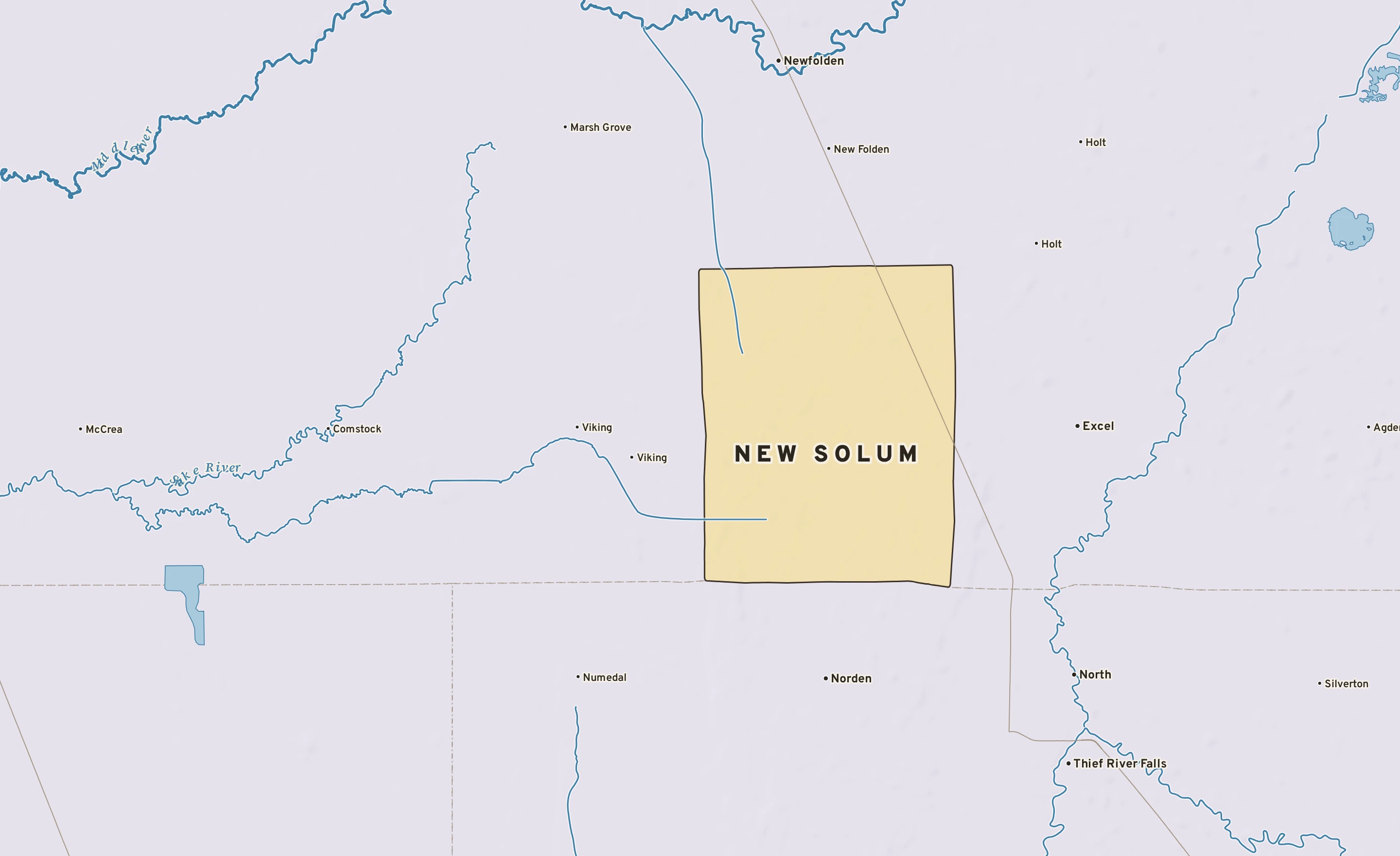 Shaded-relief atlas plate of New Solum, Minnesota: rivers, roads, the city limits and where the water drains.