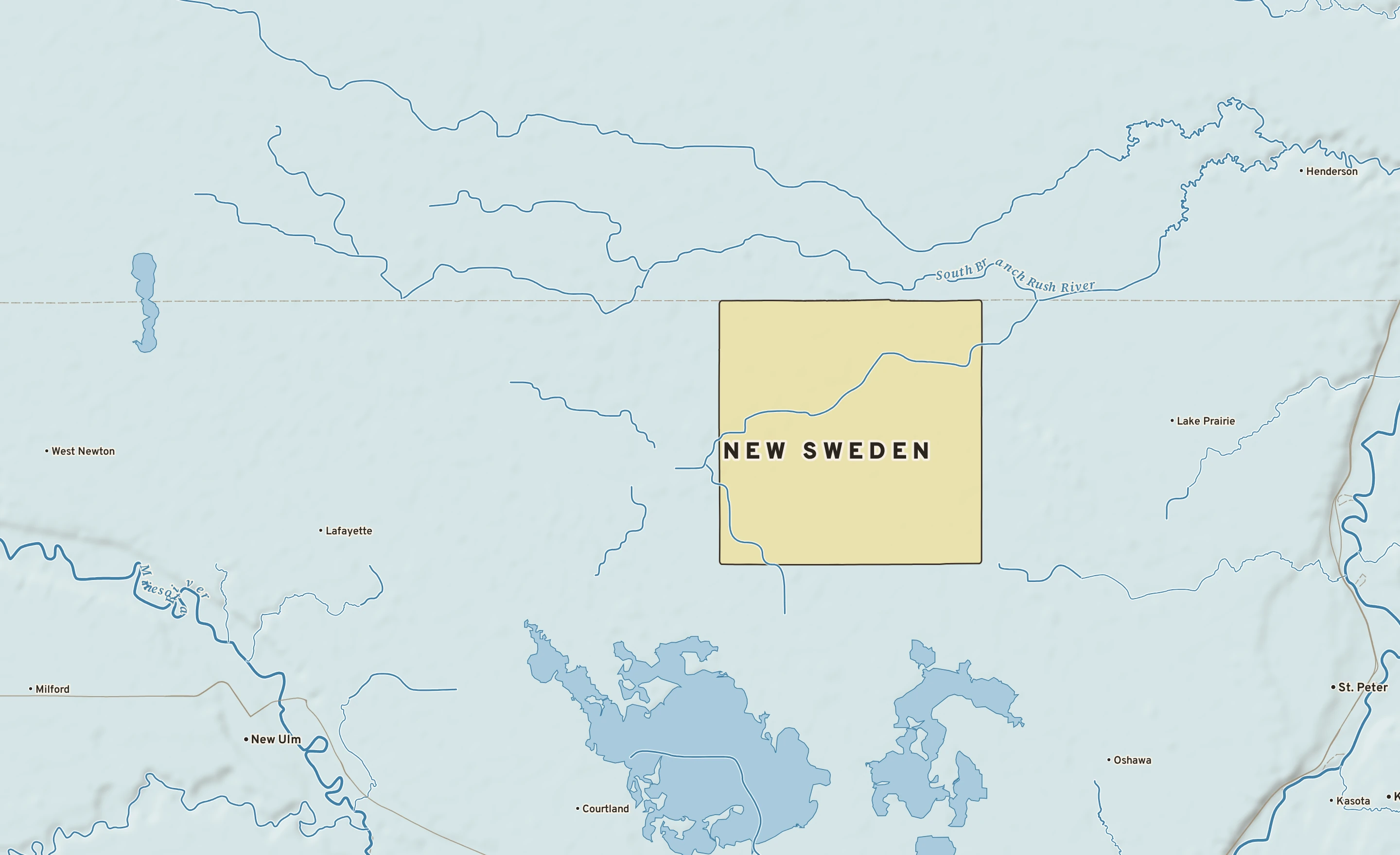 Shaded-relief atlas plate of New Sweden, Minnesota: rivers, roads, the city limits and where the water drains.