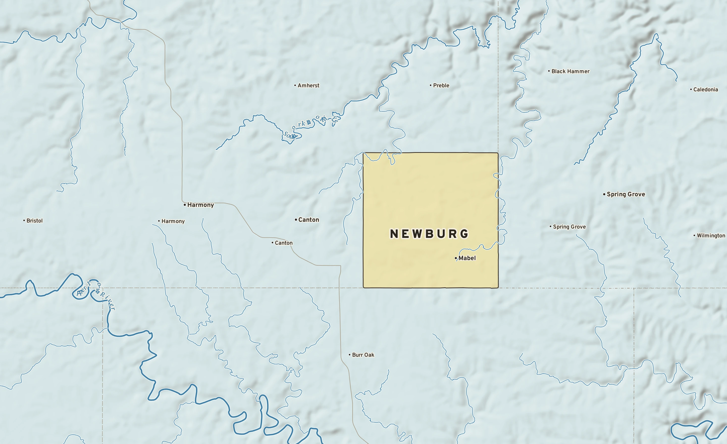 Shaded-relief atlas plate of Newburg, Minnesota: rivers, roads, the city limits and where the water drains.