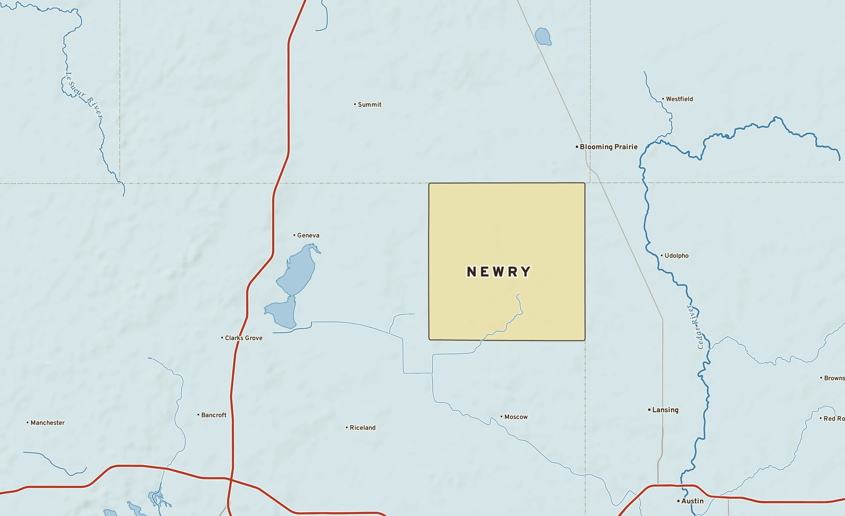 Shaded-relief atlas plate of Newry, Minnesota: rivers, roads, the city limits and where the water drains.