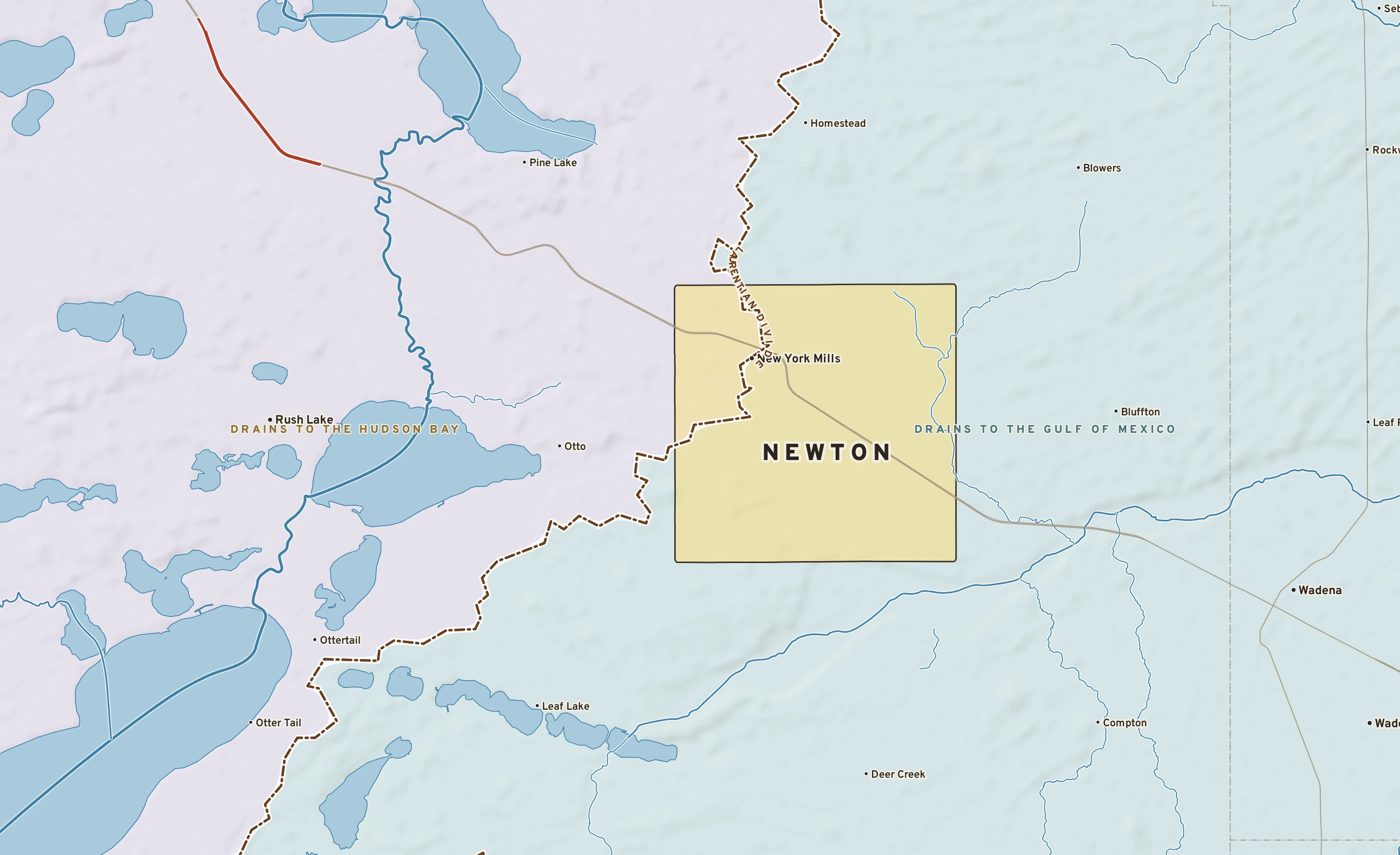 Shaded-relief atlas plate of Newton, Minnesota: rivers, roads, the city limits and where the water drains.