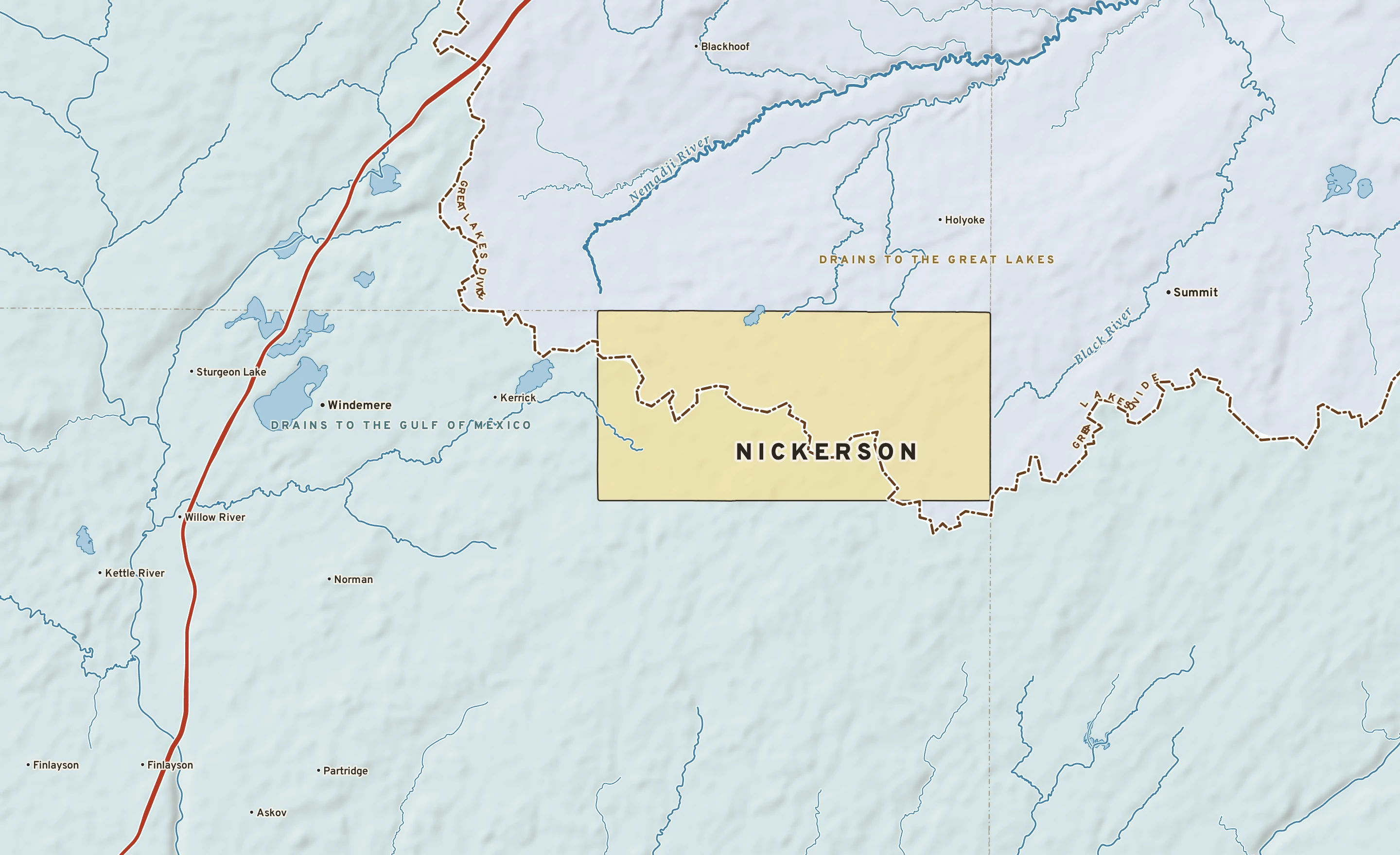 Shaded-relief atlas plate of Nickerson, Minnesota: rivers, roads, the city limits and where the water drains.