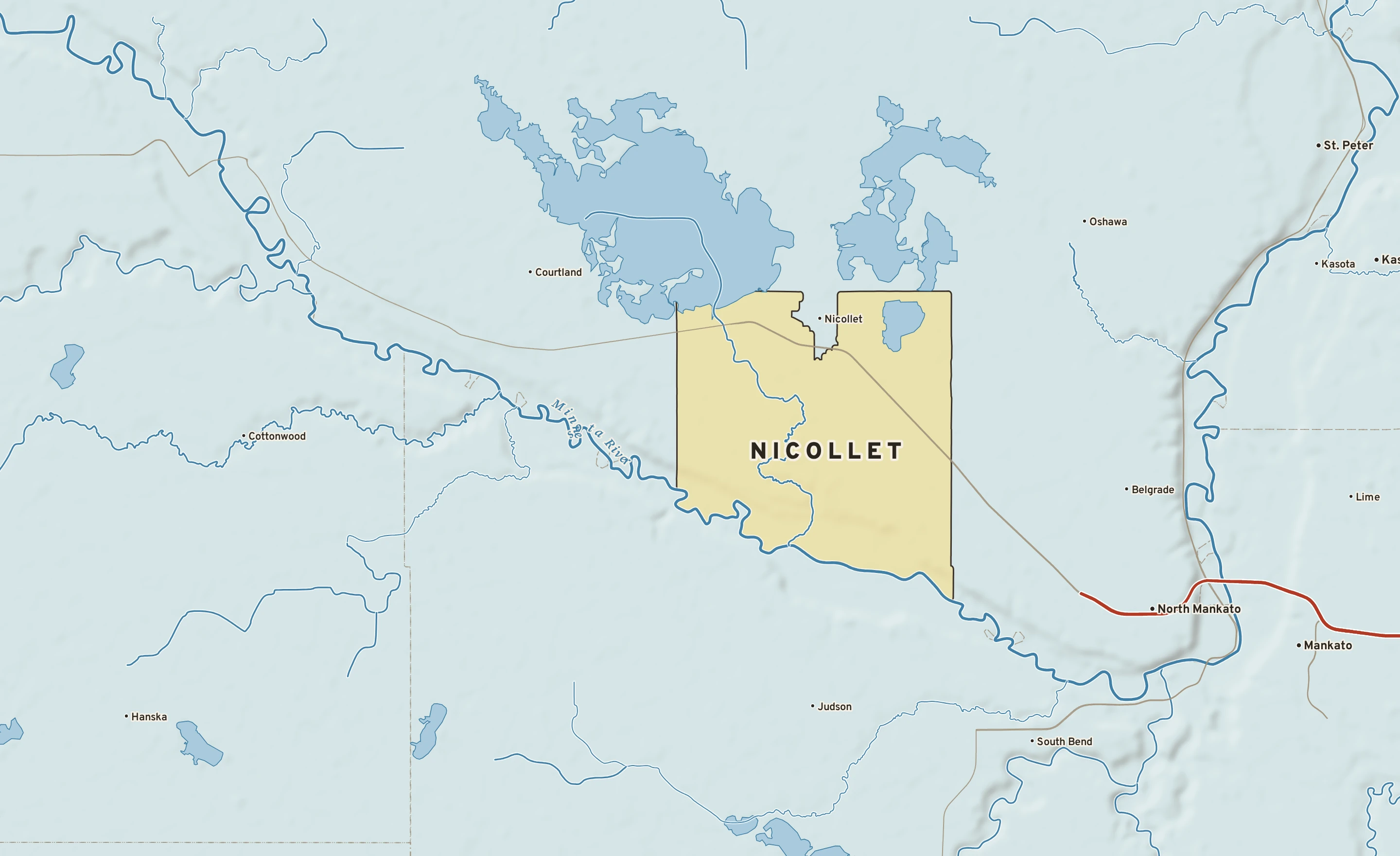 Shaded-relief atlas plate of Nicollet, Minnesota: rivers, roads, the city limits and where the water drains.