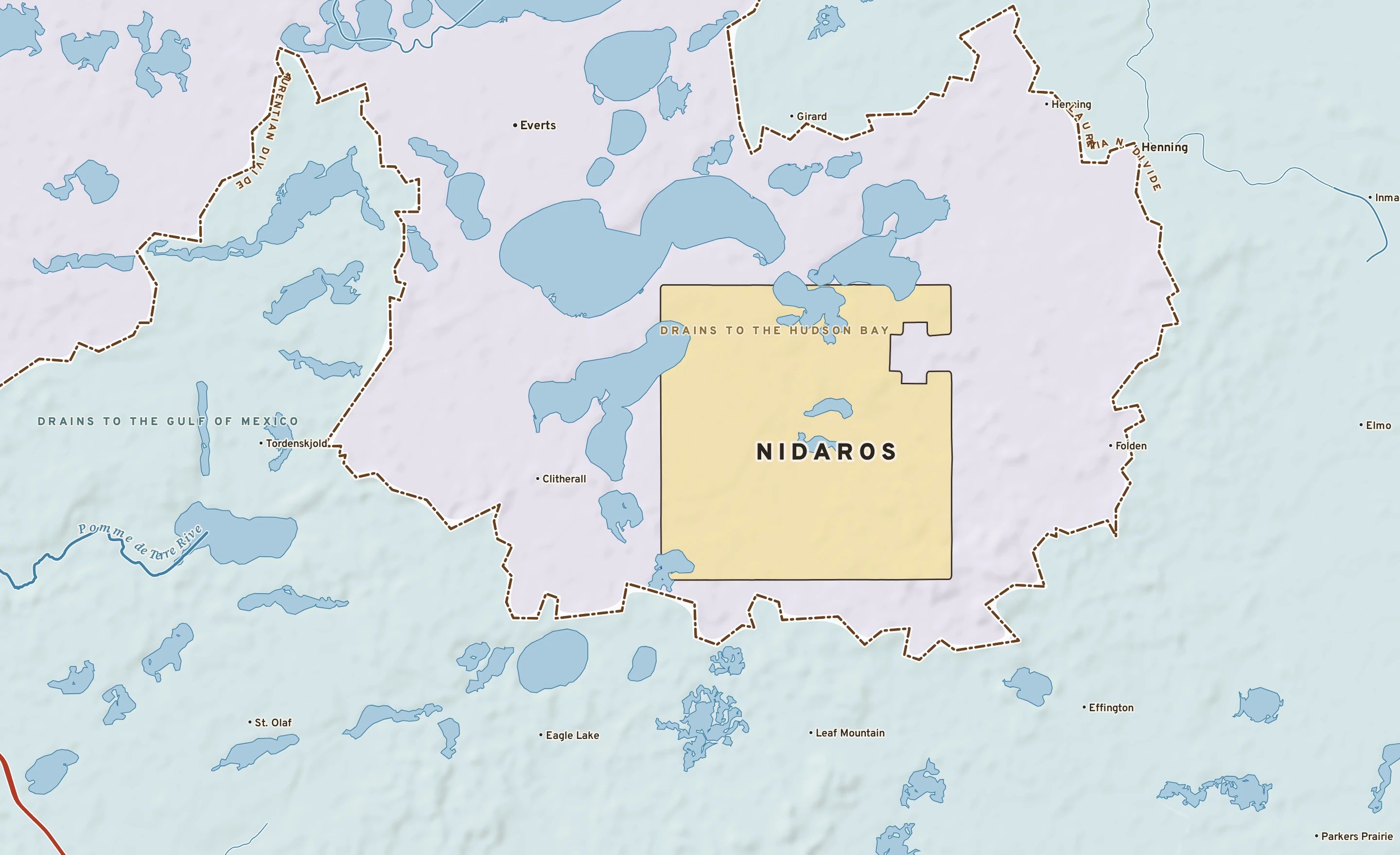 Shaded-relief atlas plate of Nidaros, Minnesota: rivers, roads, the city limits and where the water drains.