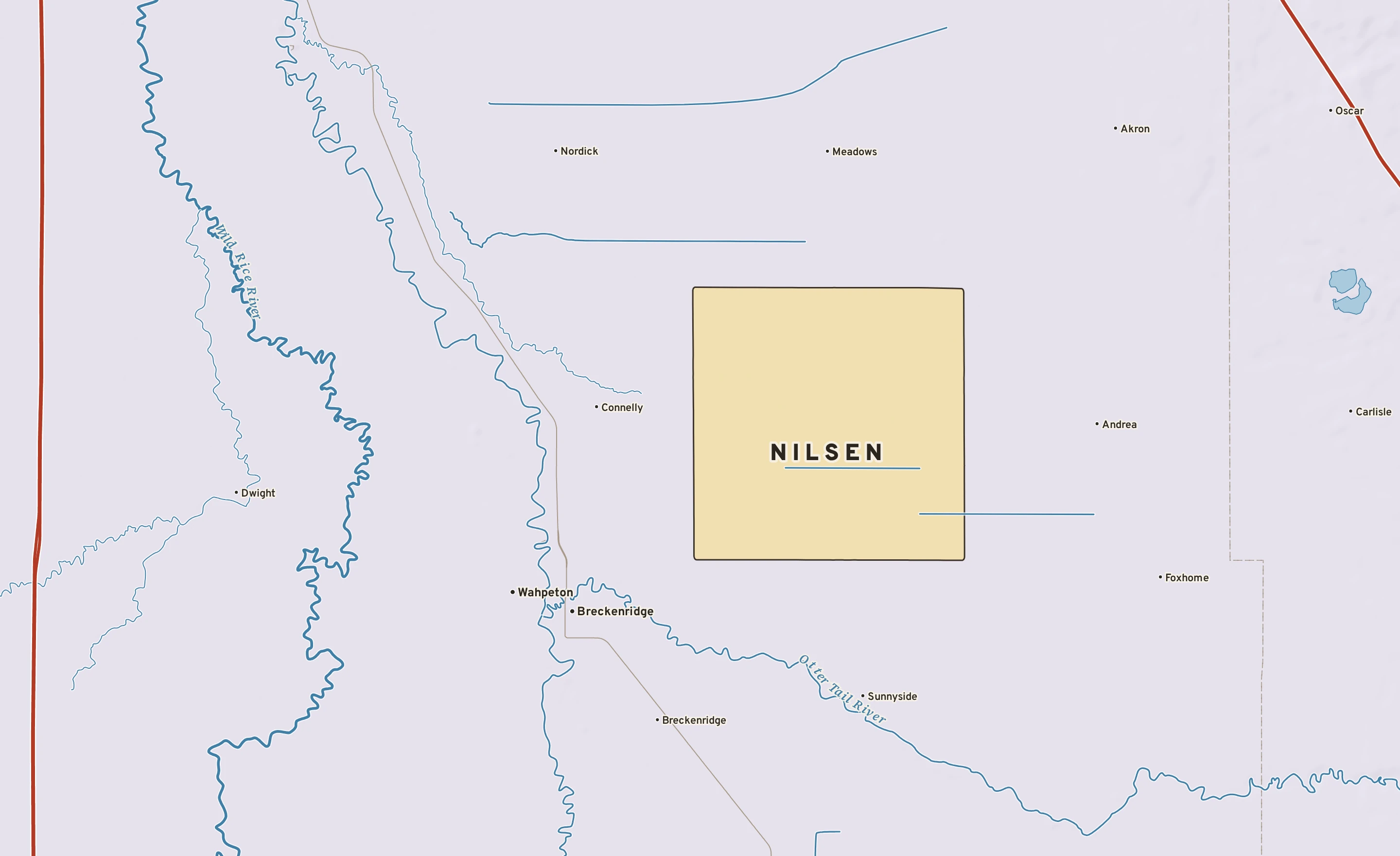 Shaded-relief atlas plate of Nilsen, Minnesota: rivers, roads, the city limits and where the water drains.