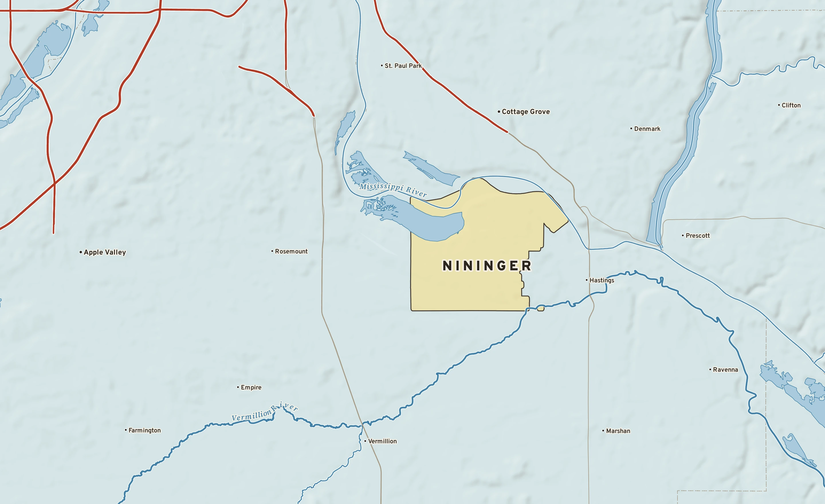 Shaded-relief atlas plate of Nininger, Minnesota: rivers, roads, the city limits and where the water drains.