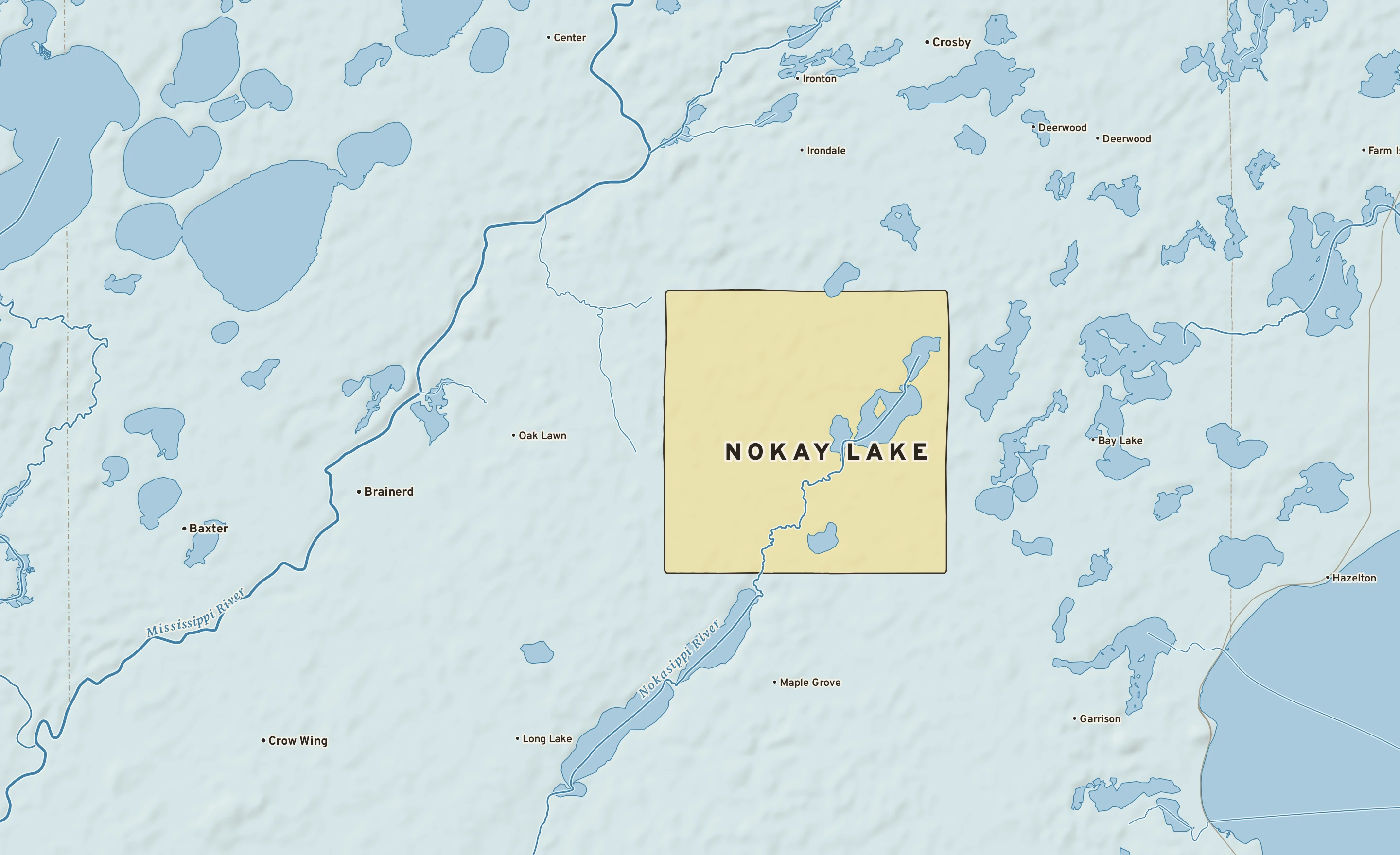 Shaded-relief atlas plate of Nokay Lake, Minnesota: rivers, roads, the city limits and where the water drains.