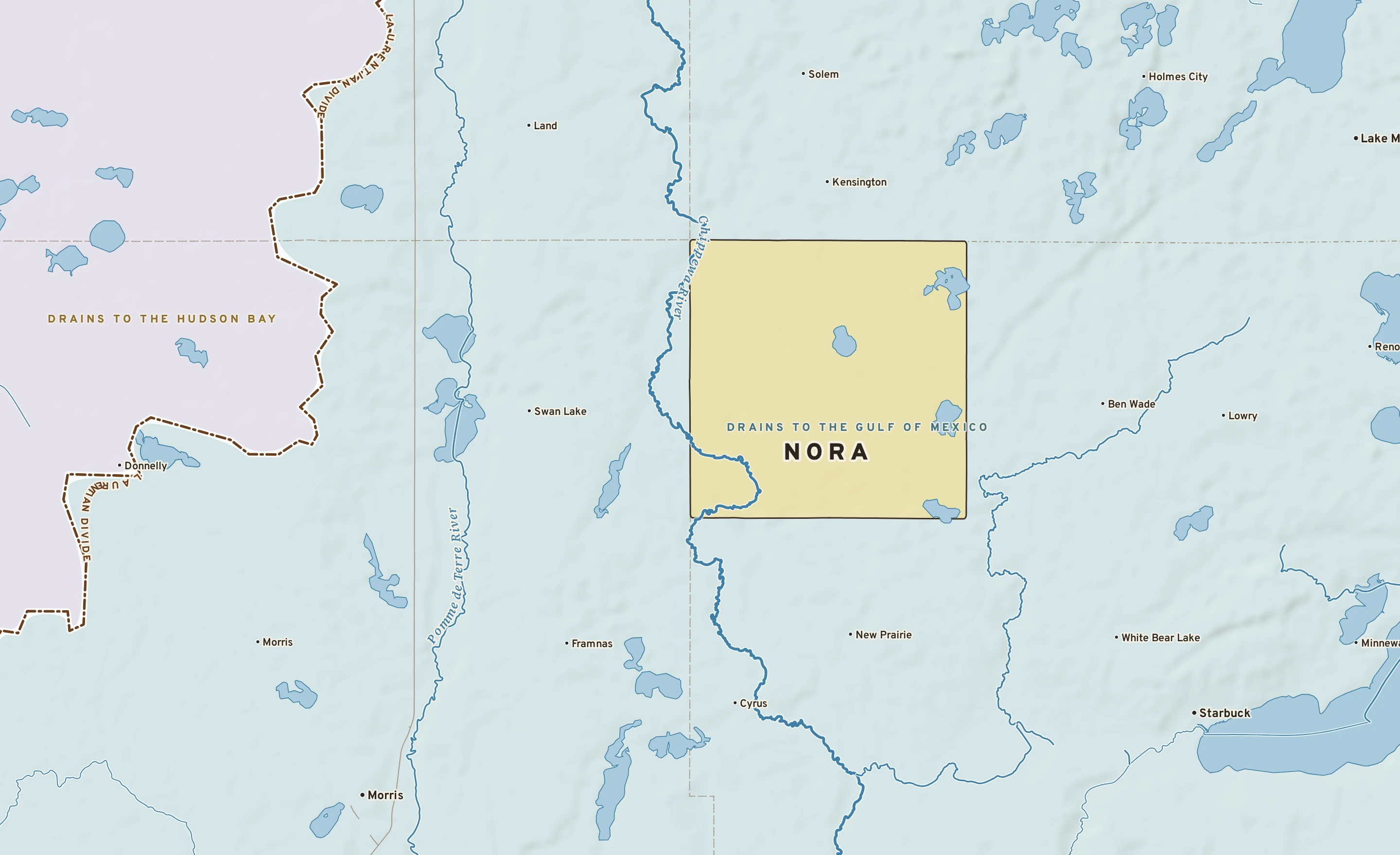 Shaded-relief atlas plate of Nora, Minnesota: rivers, roads, the city limits and where the water drains.