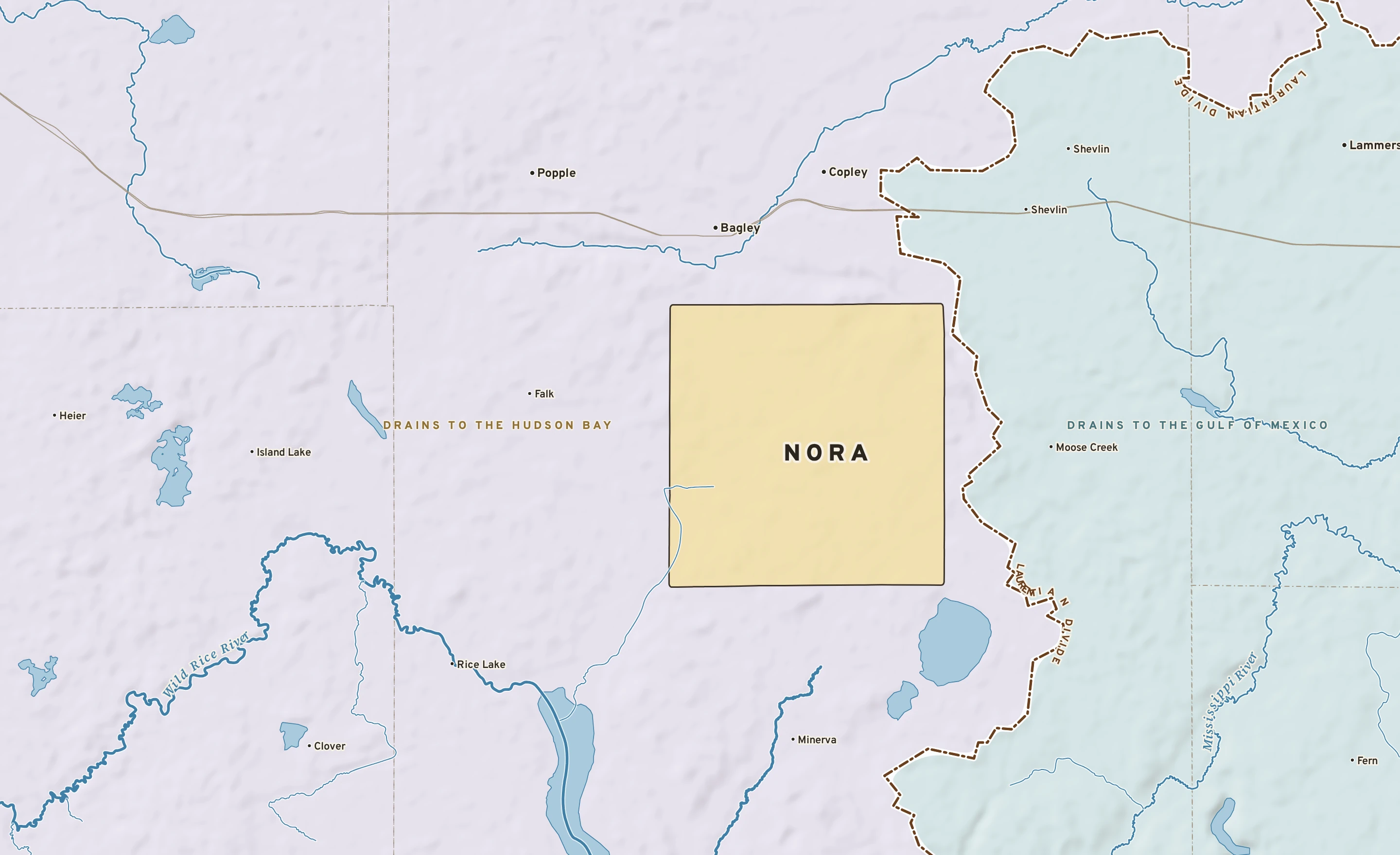 Shaded-relief atlas plate of Nora, Minnesota: rivers, roads, the city limits and where the water drains.