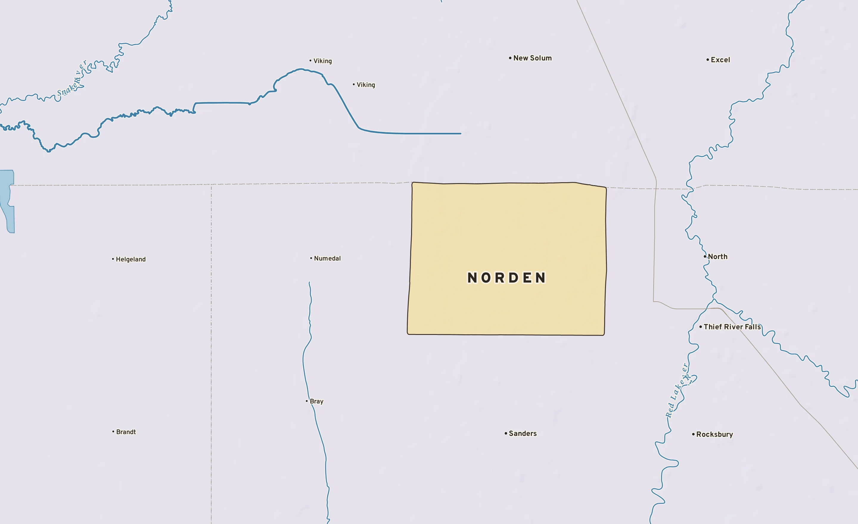 Shaded-relief atlas plate of Norden, Minnesota: rivers, roads, the city limits and where the water drains.