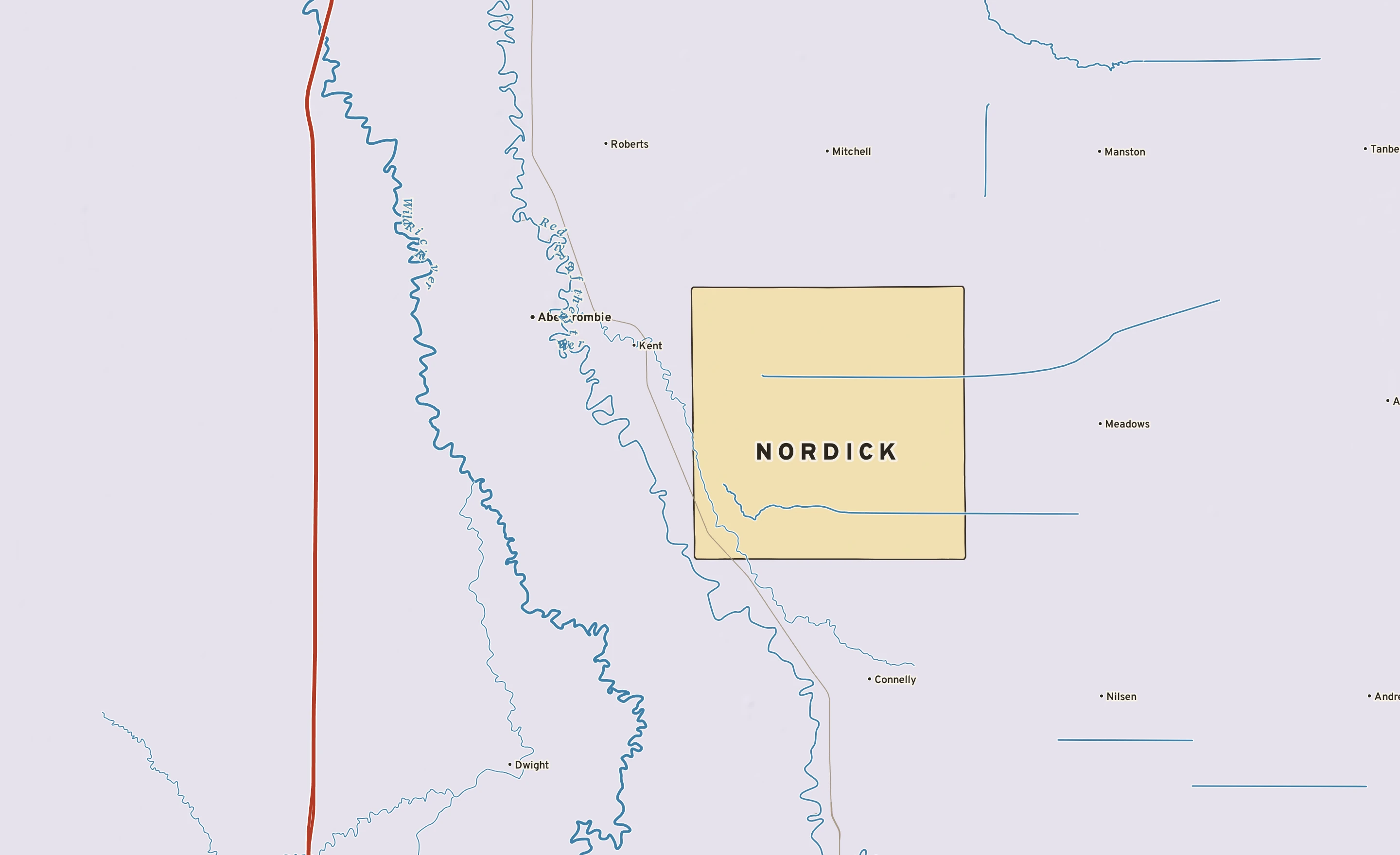 Shaded-relief atlas plate of Nordick, Minnesota: rivers, roads, the city limits and where the water drains.