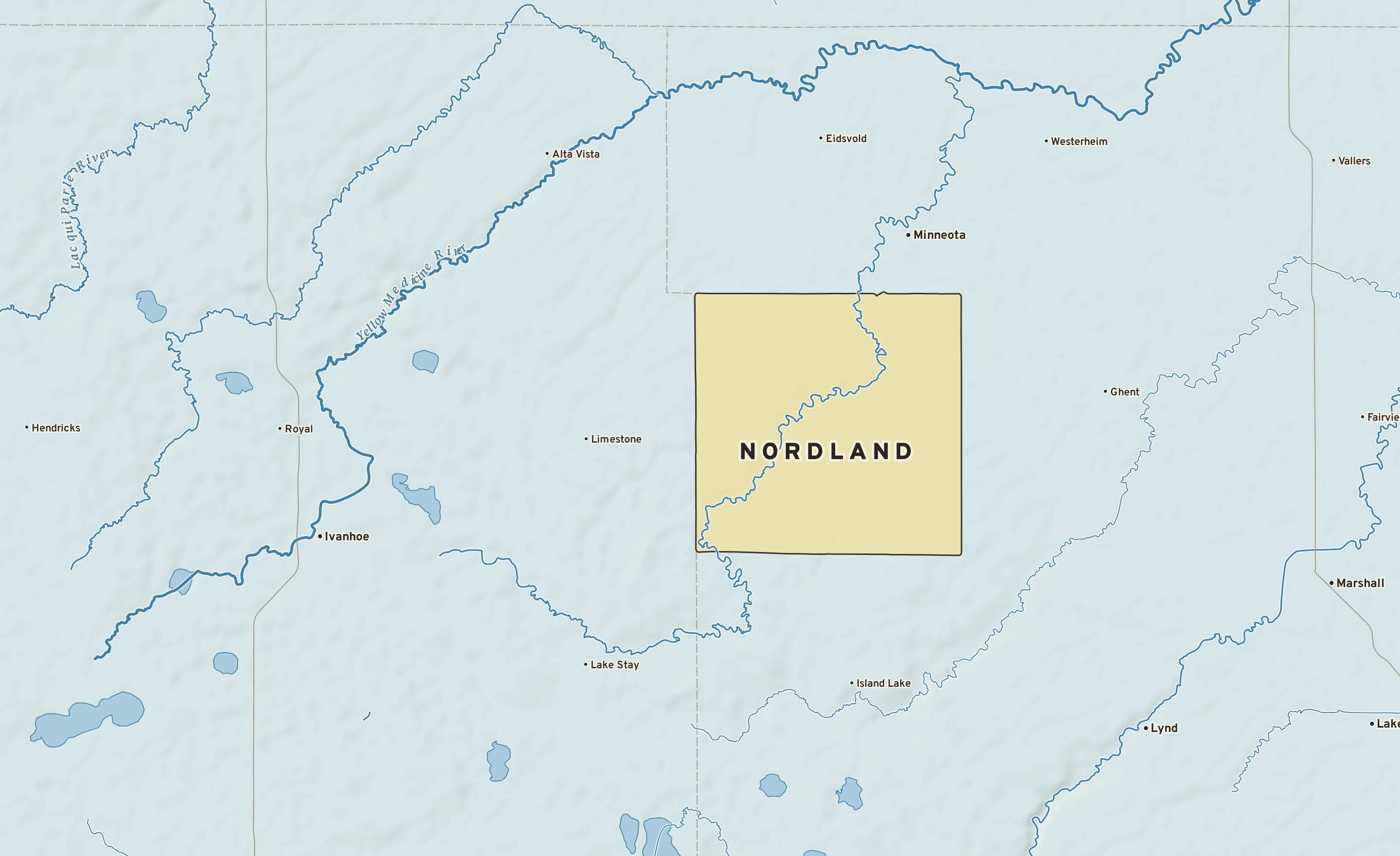 Shaded-relief atlas plate of Nordland, Minnesota: rivers, roads, the city limits and where the water drains.